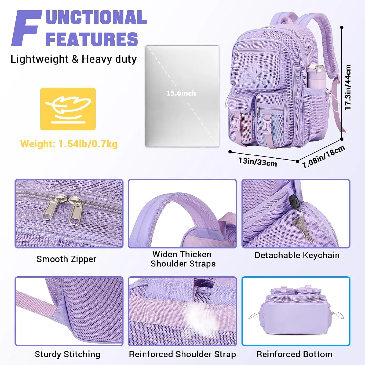 MOONBABY Mesh Backpack for School Heavy Duty See Through Net Bookbag Girls Semi-Transparent Net Back Pack for Beach, Swimming, Sports, Work, Travel (Purple)