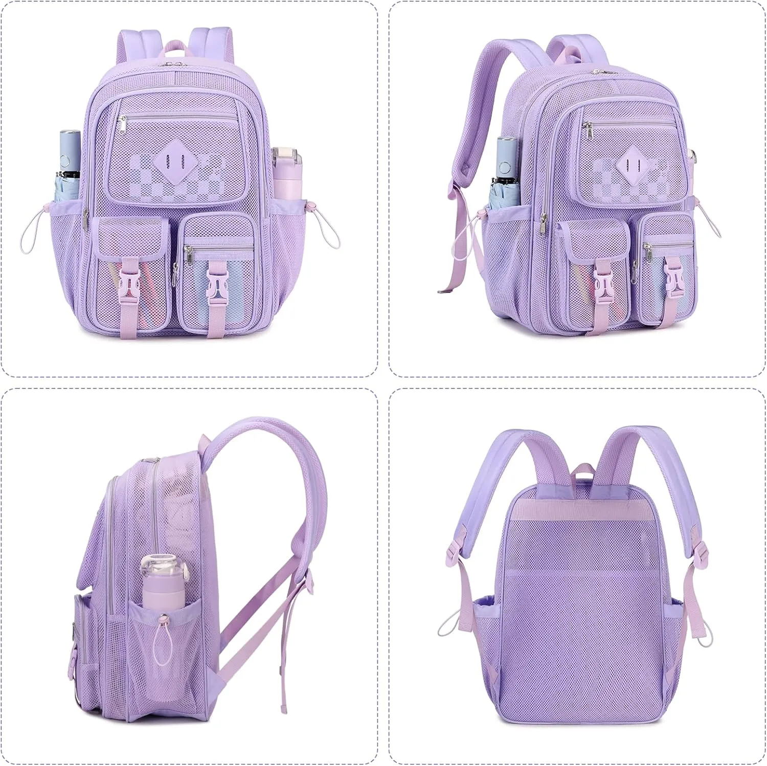 MOONBABY Mesh Backpack for School Heavy Duty See Through Net Bookbag Girls Semi-Transparent Net Back Pack for Beach, Swimming, Sports, Work, Travel (Purple)