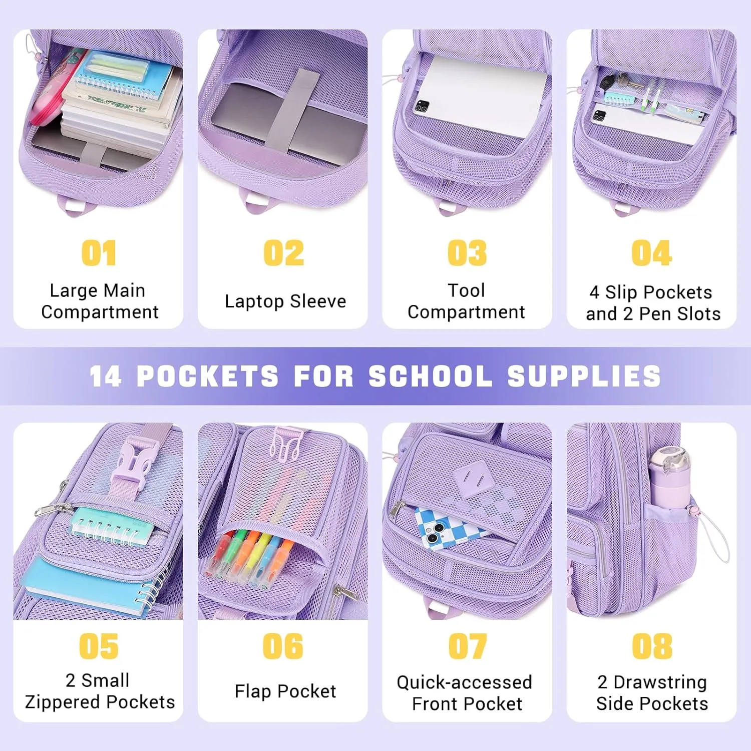 MOONBABY Mesh Backpack for School Heavy Duty See Through Net Bookbag Girls Semi-Transparent Net Back Pack for Beach, Swimming, Sports, Work, Travel (Purple)