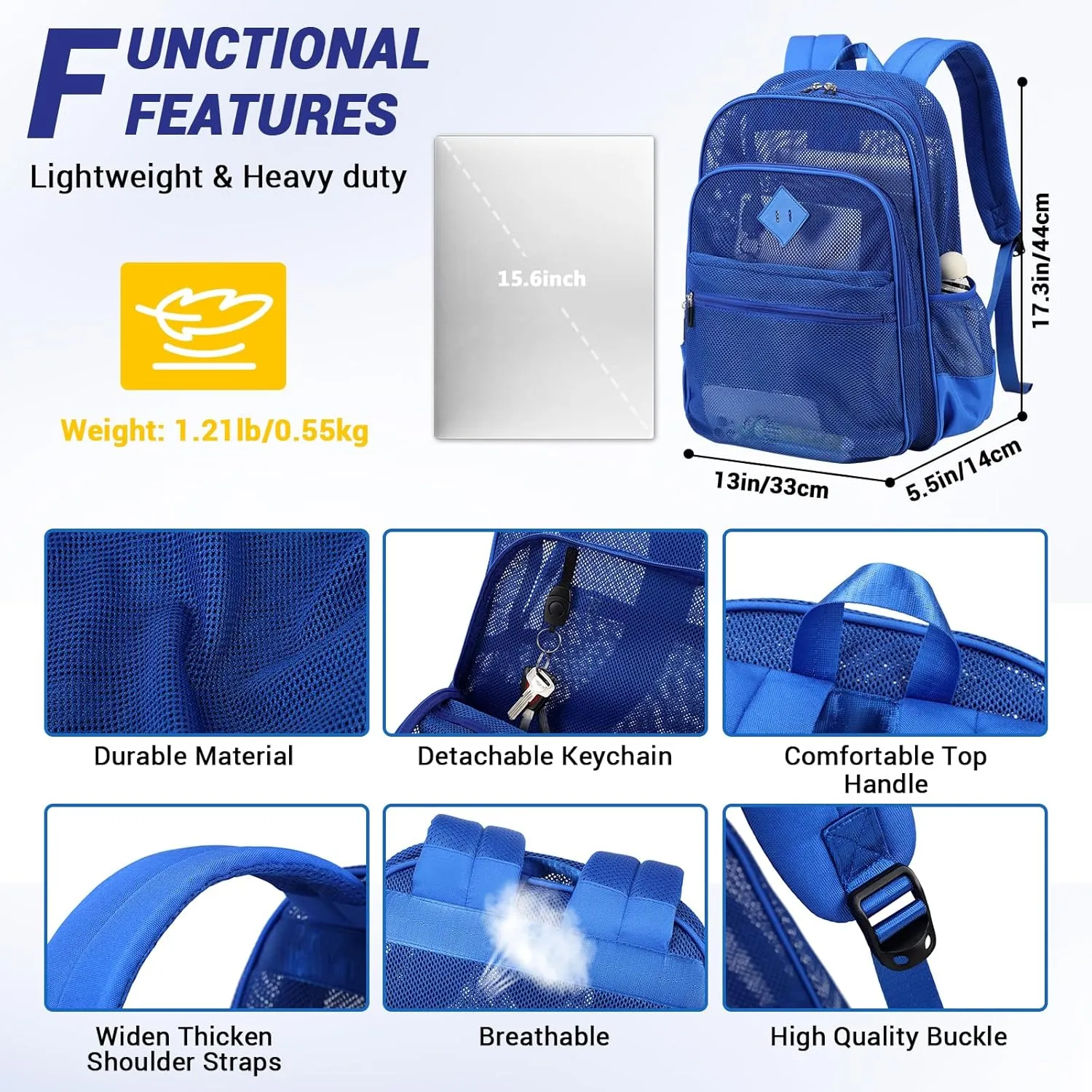 MOONBABY Mesh Backpack Heavy Duty See Through School Backpack Transparent Bookbag for Swimming, Beach, Sports, Work, Travel (Blue)