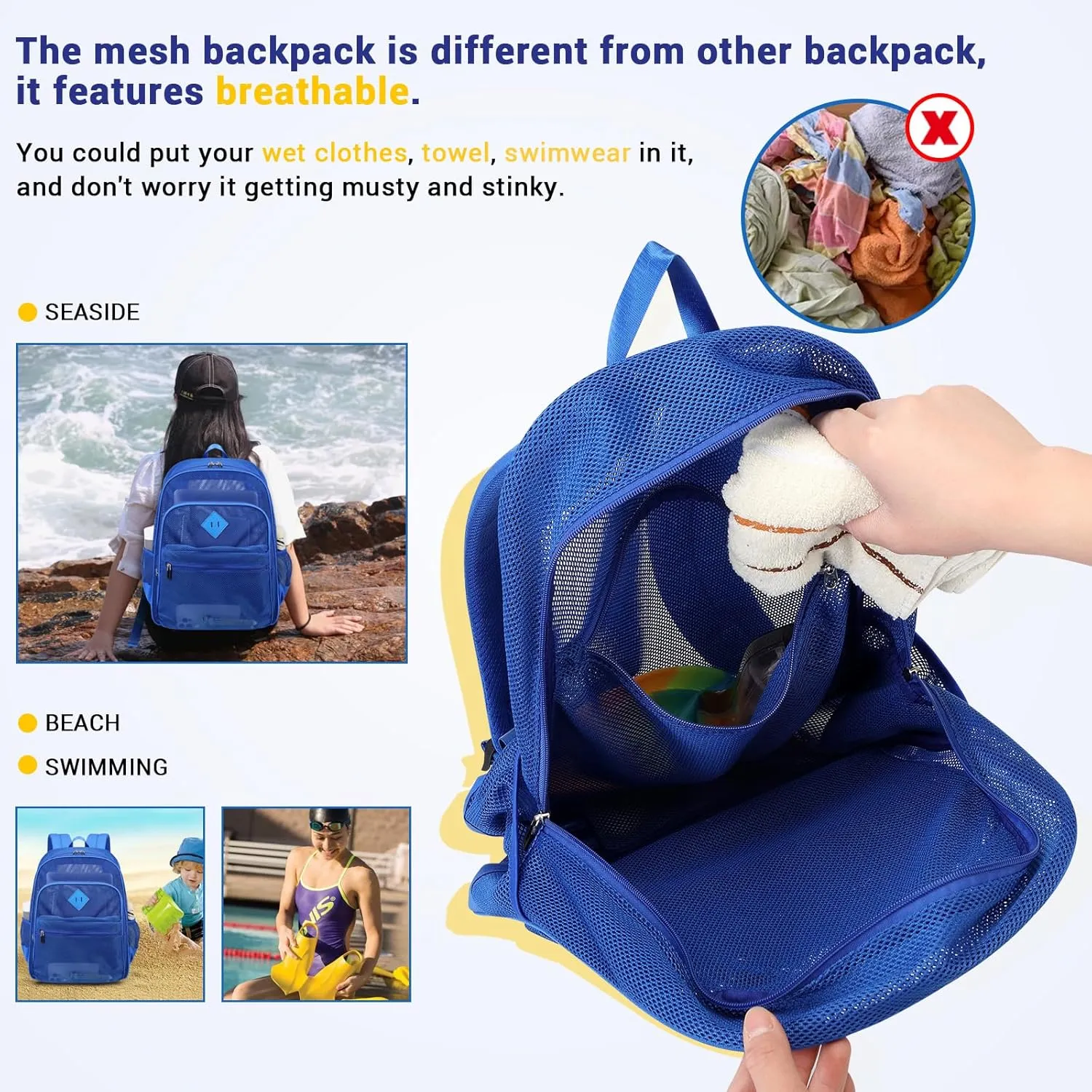 MOONBABY Mesh Backpack Heavy Duty See Through School Backpack Transparent Bookbag for Swimming, Beach, Sports, Work, Travel (Blue)