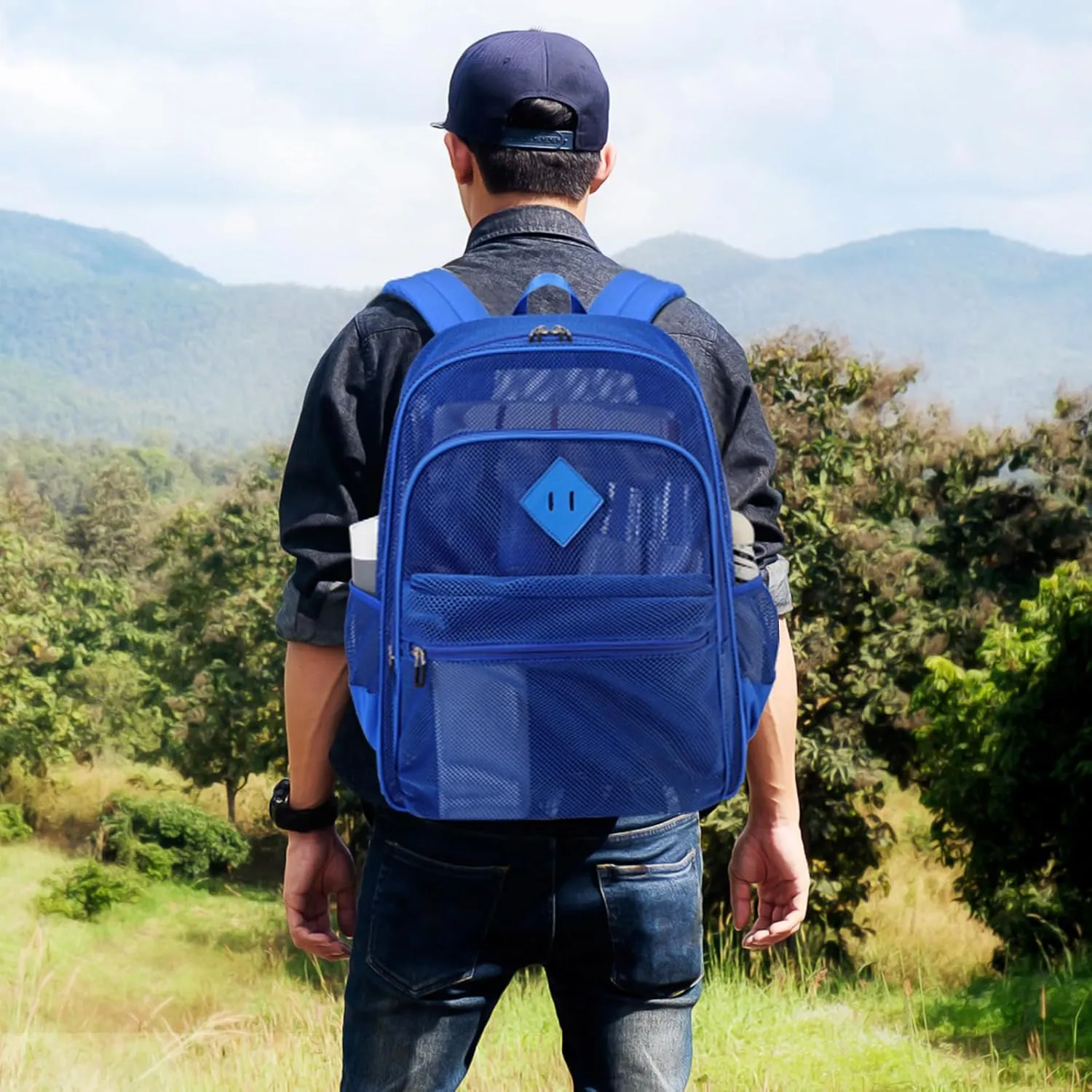 MOONBABY Mesh Backpack Heavy Duty See Through School Backpack Transparent Bookbag for Swimming, Beach, Sports, Work, Travel (Blue)
