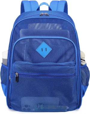 MOONBABY Mesh Backpack Heavy Duty See Through School Backpack Transparent Bookbag for Swimming, Beach, Sports, Work, Travel (Blue)