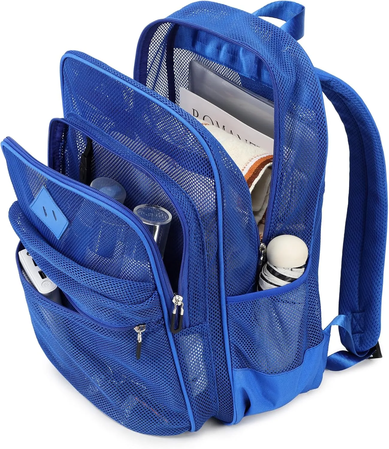 MOONBABY Mesh Backpack Heavy Duty See Through School Backpack Transparent Bookbag for Swimming, Beach, Sports, Work, Travel (Blue)