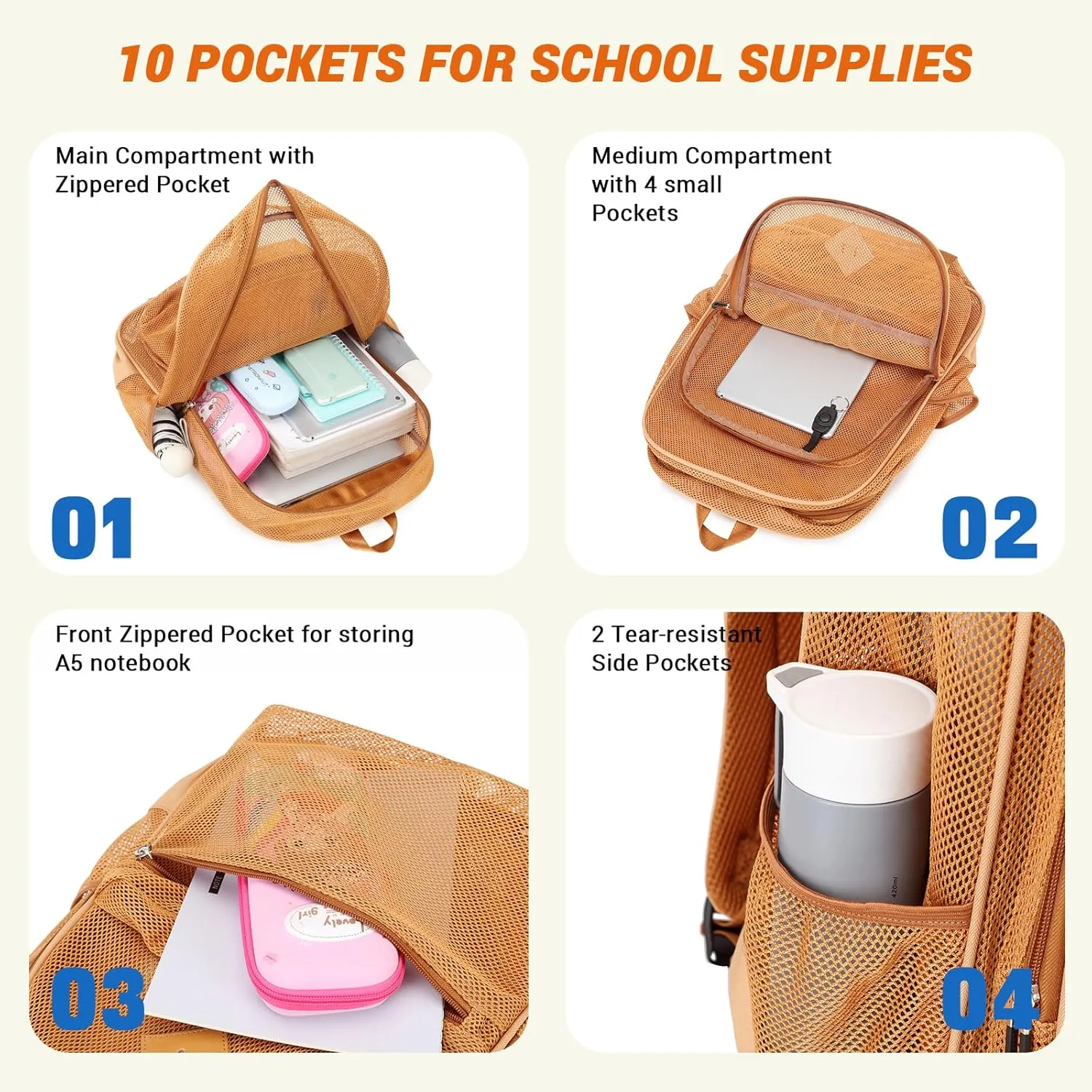 MOONBABY Mesh Backpack Heavy Duty See Through School Backpack Transparent Bookbag for Swimming, Beach, Sports, Work, Travel (Khaki)