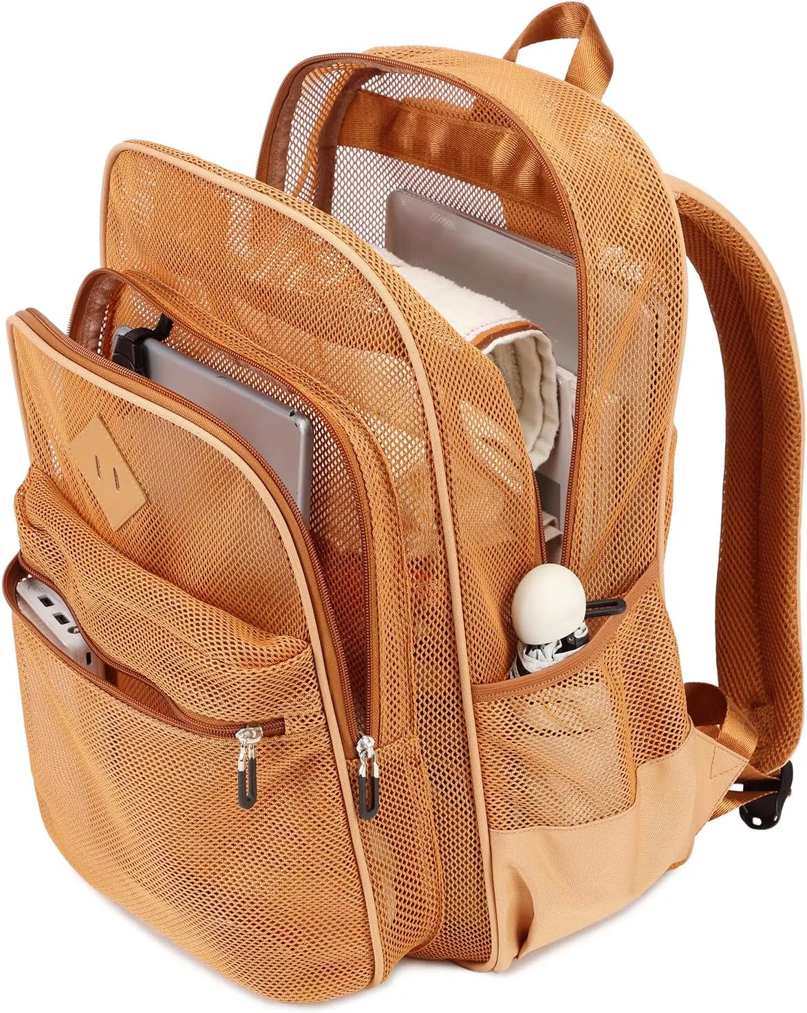 MOONBABY Mesh Backpack Heavy Duty See Through School Backpack Transparent Bookbag for Swimming, Beach, Sports, Work, Travel (Khaki)