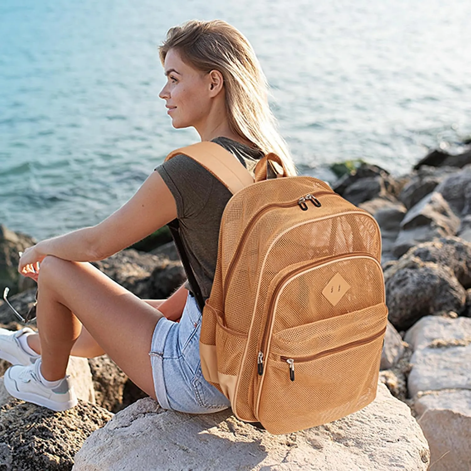 MOONBABY Mesh Backpack Heavy Duty See Through School Backpack Transparent Bookbag for Swimming, Beach, Sports, Work, Travel (Khaki)