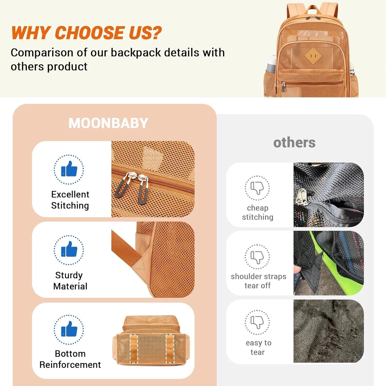 MOONBABY Mesh Backpack Heavy Duty See Through School Backpack Transparent Bookbag for Swimming, Beach, Sports, Work, Travel (Khaki)
