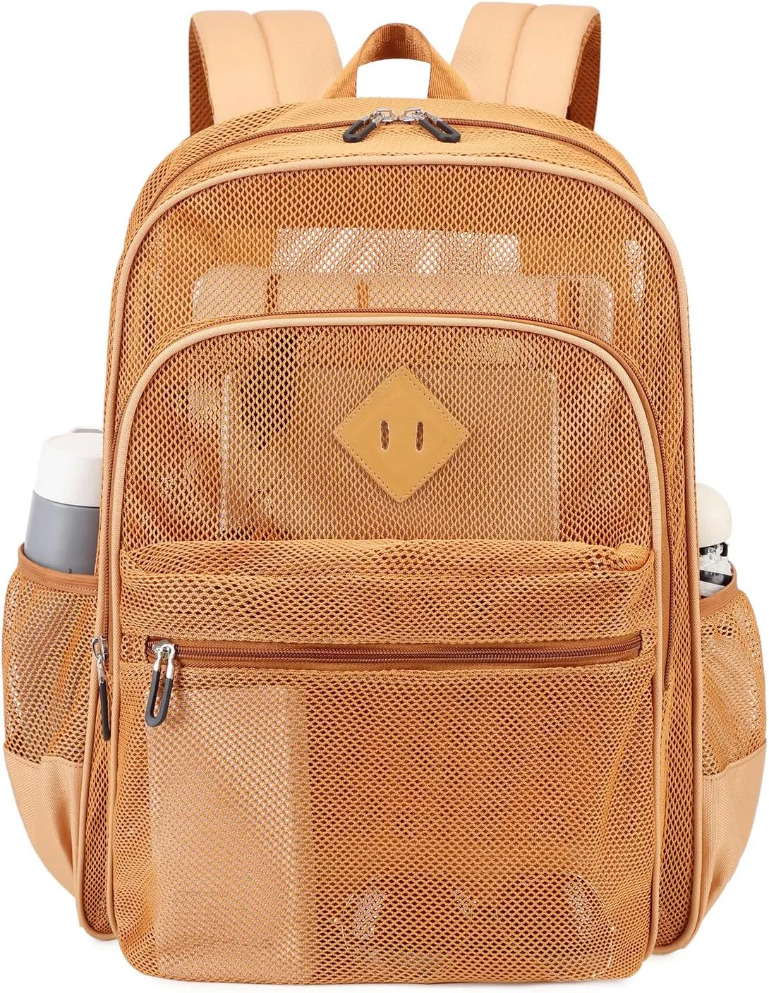 MOONBABY Mesh Backpack Heavy Duty See Through School Backpack Transparent Bookbag for Swimming, Beach, Sports, Work, Travel (Khaki)