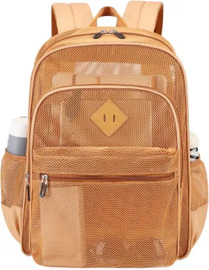 MOONBABY Mesh Backpack Heavy Duty See Through School Backpack Transparent Bookbag for Swimming, Beach, Sports, Work, Travel (Khaki)