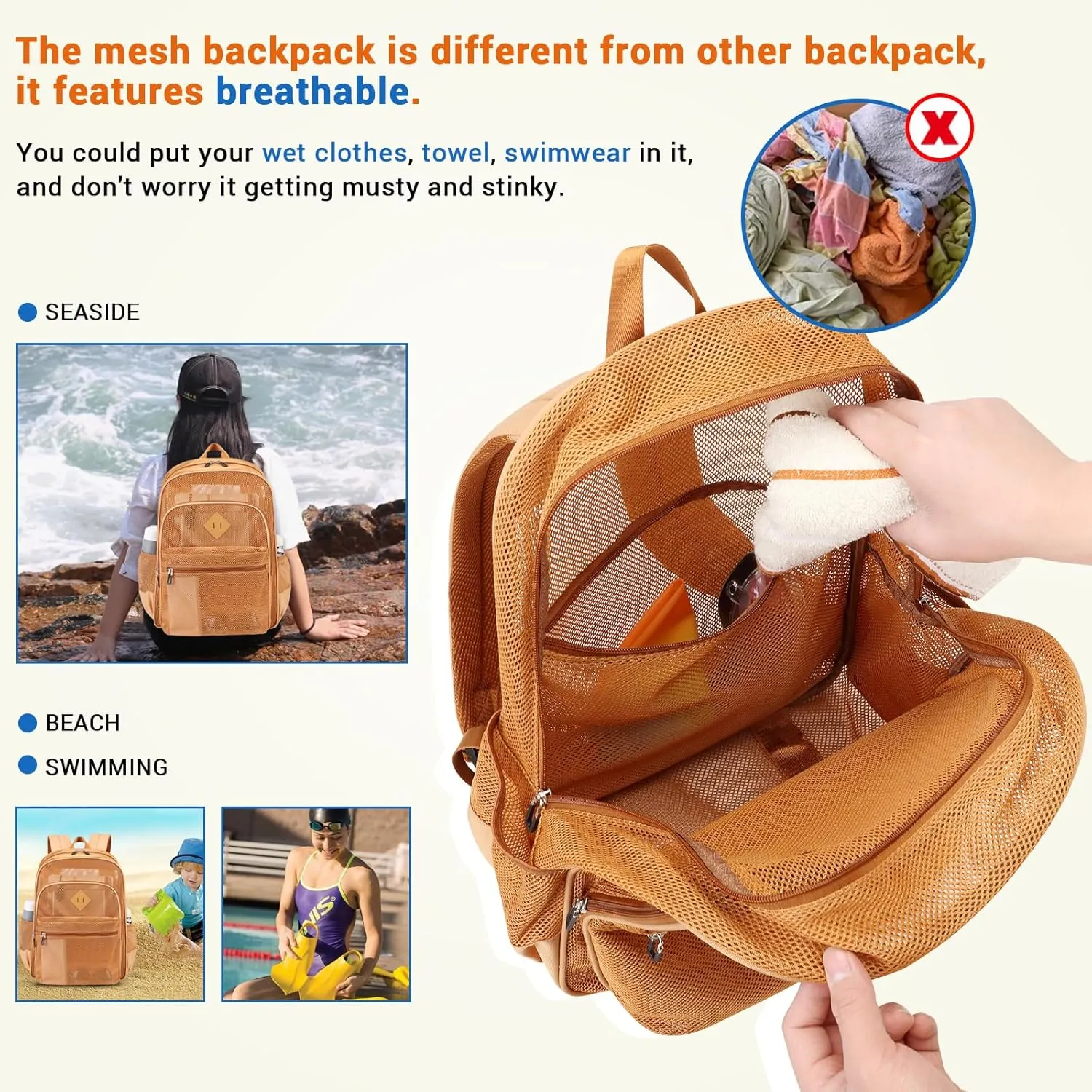MOONBABY Mesh Backpack Heavy Duty See Through School Backpack Transparent Bookbag for Swimming, Beach, Sports, Work, Travel (Khaki)