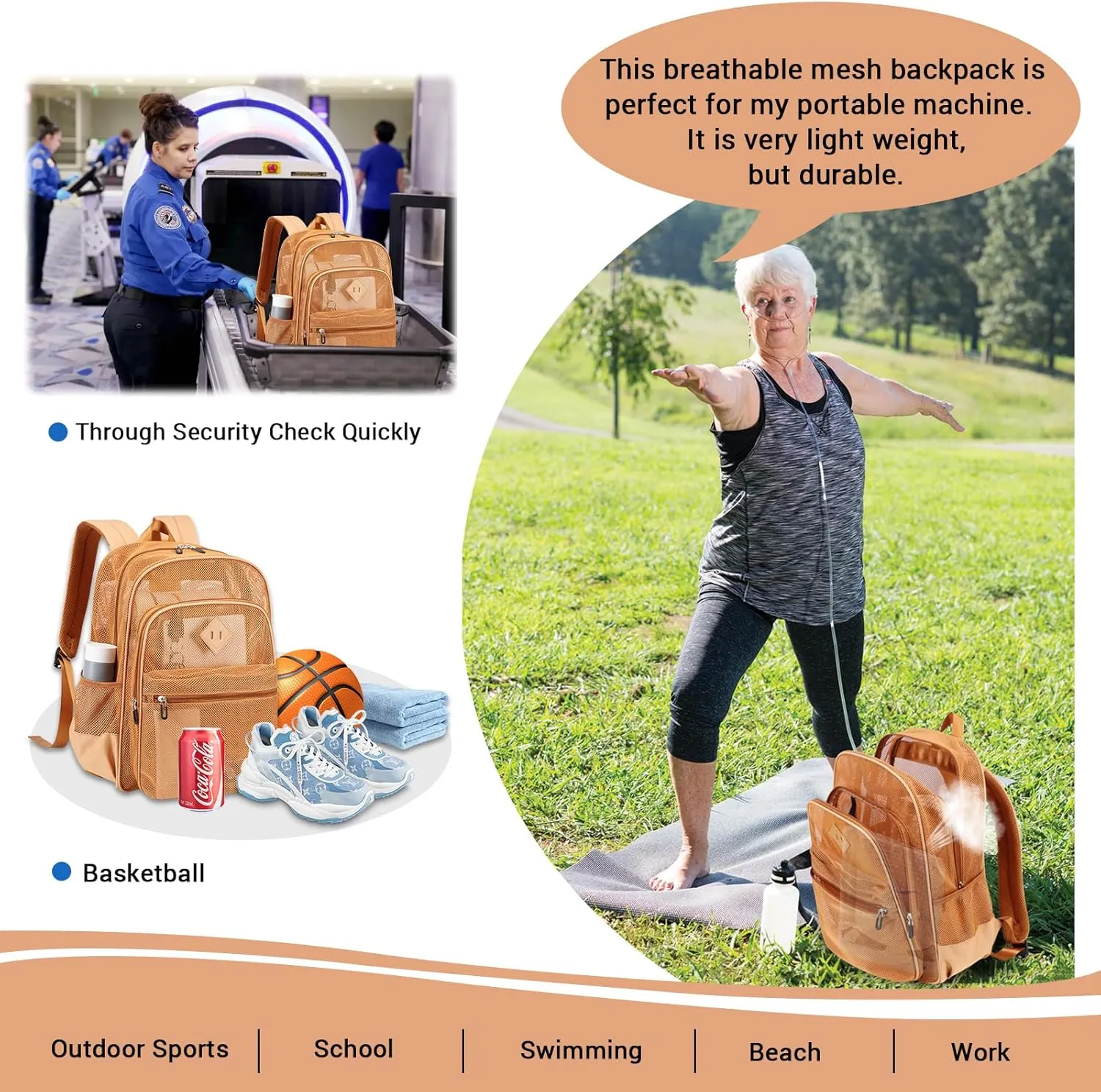 MOONBABY Mesh Backpack Heavy Duty See Through School Backpack Transparent Bookbag for Swimming, Beach, Sports, Work, Travel (Khaki)