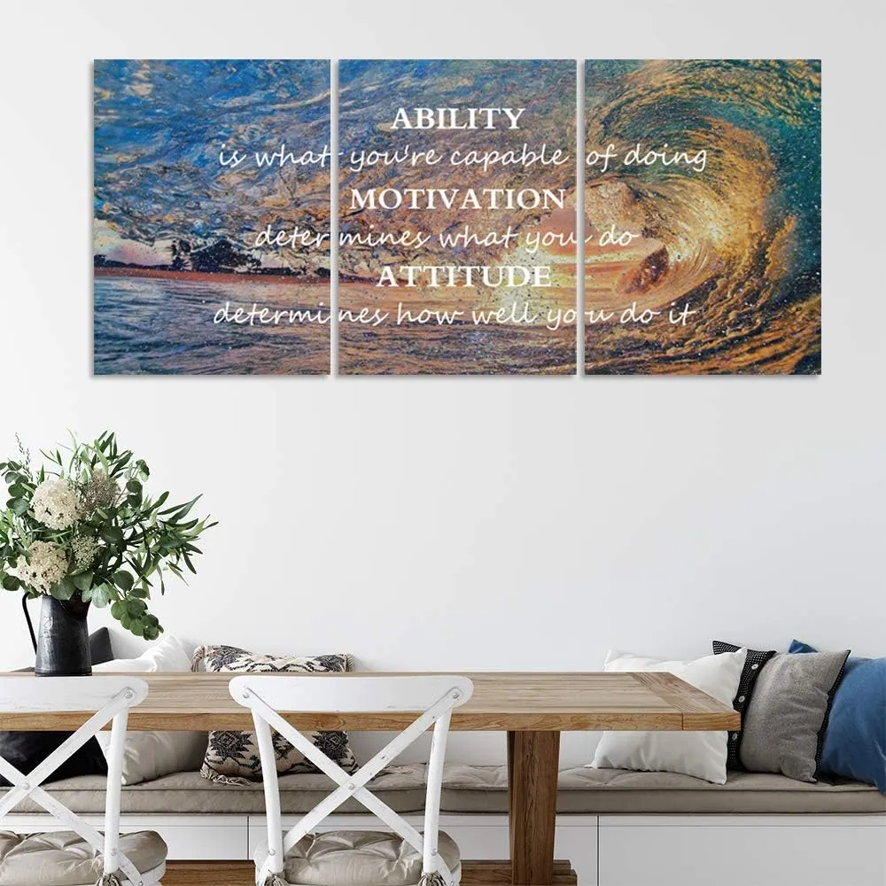 Motivational Posters Inspirational Wall Art Canvas Paintings 3 Panels Sunset Ocean Beach Landscape Wall Decor Sunrise Seascape Waves Landscape Poster Motivation Attitude Picture Artwork Wooden Framed