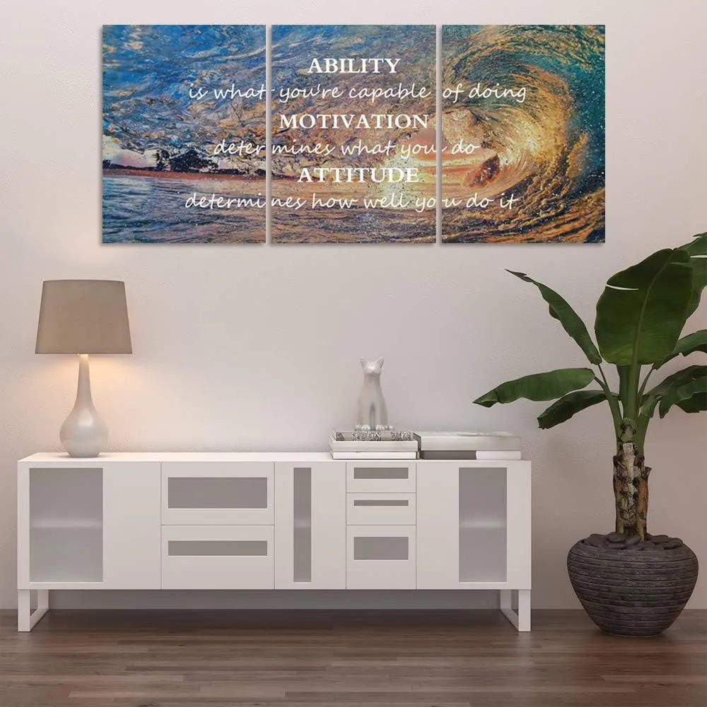 Motivational Posters Inspirational Wall Art Canvas Paintings 3 Panels Sunset Ocean Beach Landscape Wall Decor Sunrise Seascape Waves Landscape Poster Motivation Attitude Picture Artwork Wooden Framed