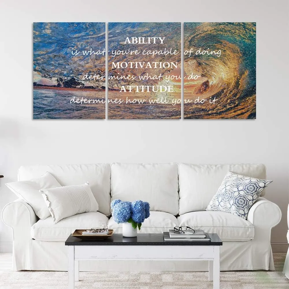 Motivational Posters Inspirational Wall Art Canvas Paintings 3 Panels Sunset Ocean Beach Landscape Wall Decor Sunrise Seascape Waves Landscape Poster Motivation Attitude Picture Artwork Wooden Framed