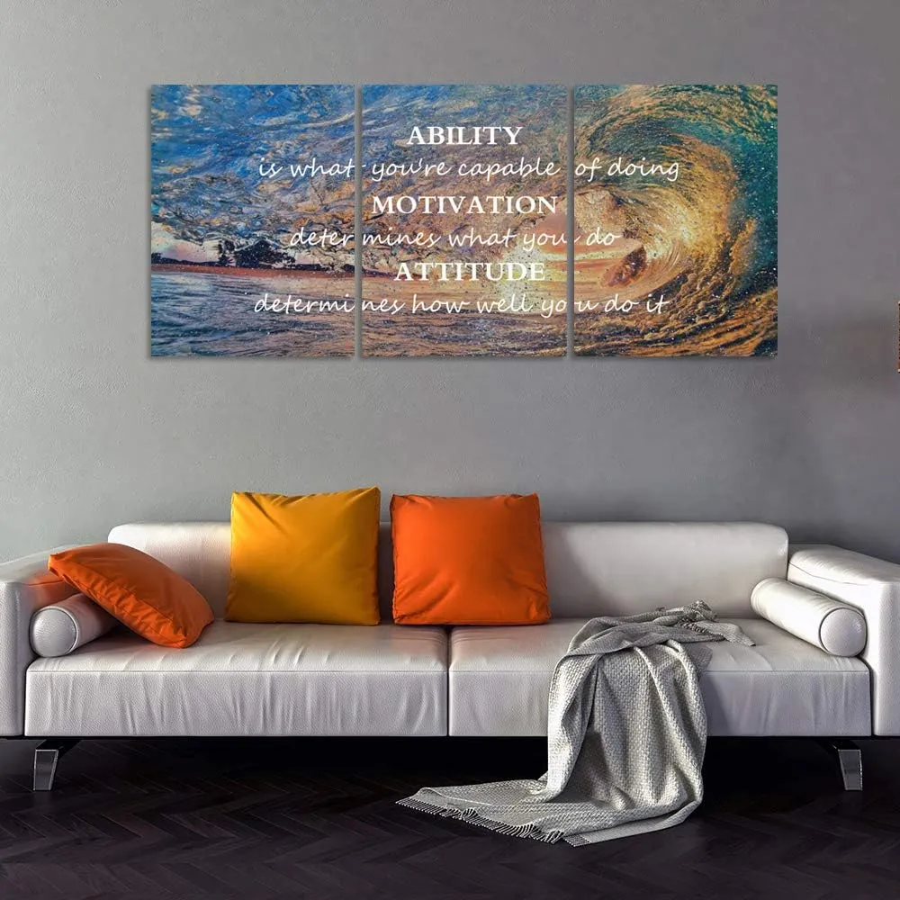 Motivational Posters Inspirational Wall Art Canvas Paintings 3 Panels Sunset Ocean Beach Landscape Wall Decor Sunrise Seascape Waves Landscape Poster Motivation Attitude Picture Artwork Wooden Framed