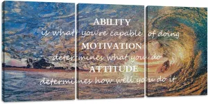 Motivational Posters Inspirational Wall Art Canvas Paintings 3 Panels Sunset Ocean Beach Landscape Wall Decor Sunrise Seascape Waves Landscape Poster Motivation Attitude Picture Artwork Wooden Framed