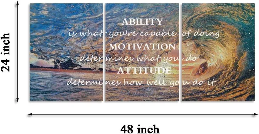 Motivational Posters Inspirational Wall Art Canvas Paintings 3 Panels Sunset Ocean Beach Landscape Wall Decor Sunrise Seascape Waves Landscape Poster Motivation Attitude Picture Artwork Wooden Framed