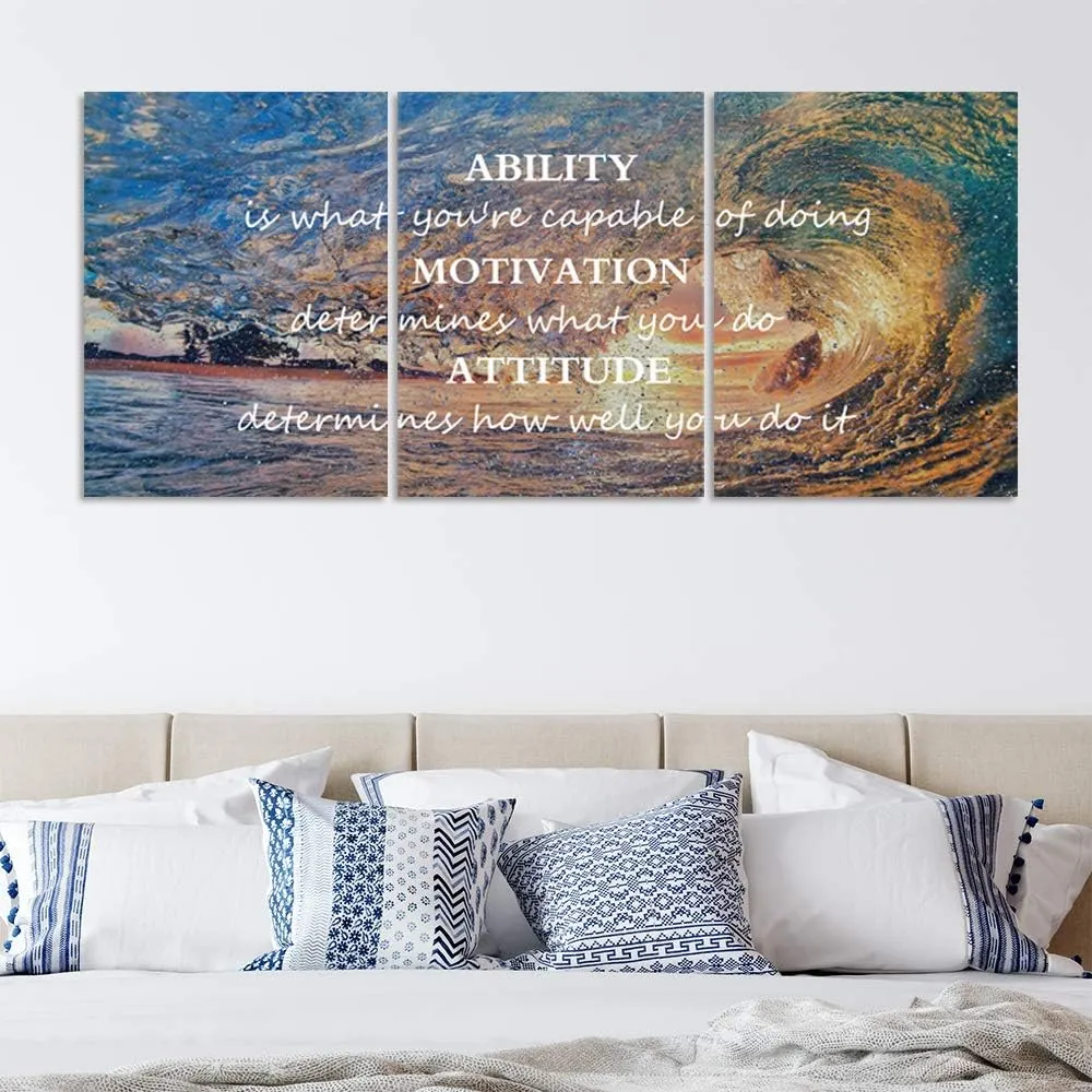 Motivational Posters Inspirational Wall Art Canvas Paintings 3 Panels Sunset Ocean Beach Landscape Wall Decor Sunrise Seascape Waves Landscape Poster Motivation Attitude Picture Artwork Wooden Framed