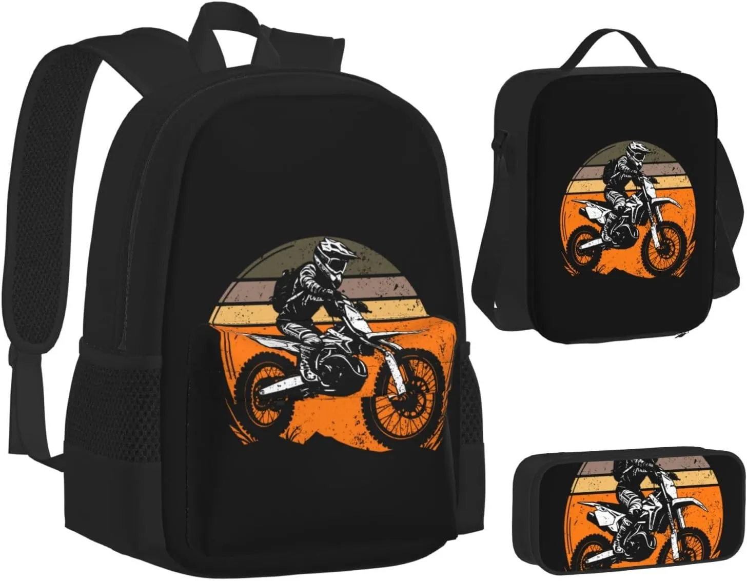 Motocross Adventure Of The Road Motorcycle Multifunctional Pocket Backpack Crossbody Lunch Bag Pencil Case 3Pcs Set Large Capacity Backpack