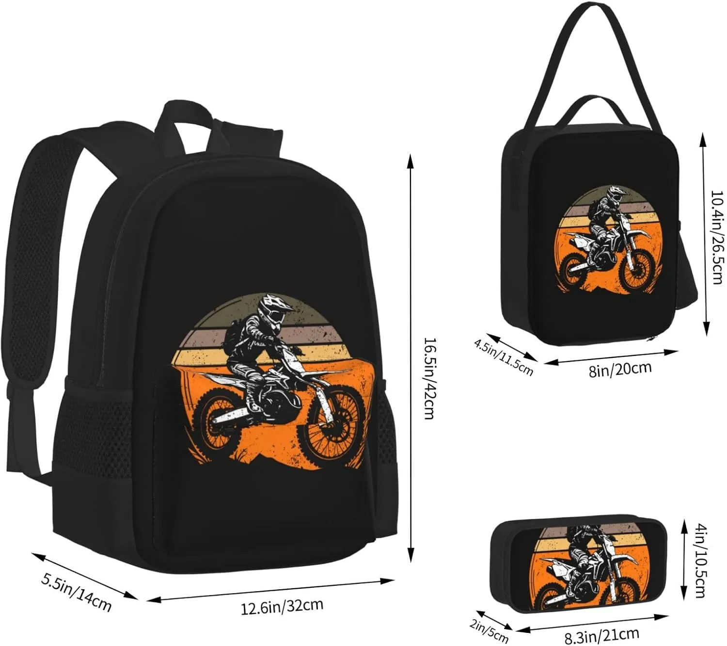 Motocross Adventure Of The Road Motorcycle Multifunctional Pocket Backpack Crossbody Lunch Bag Pencil Case 3Pcs Set Large Capacity Backpack