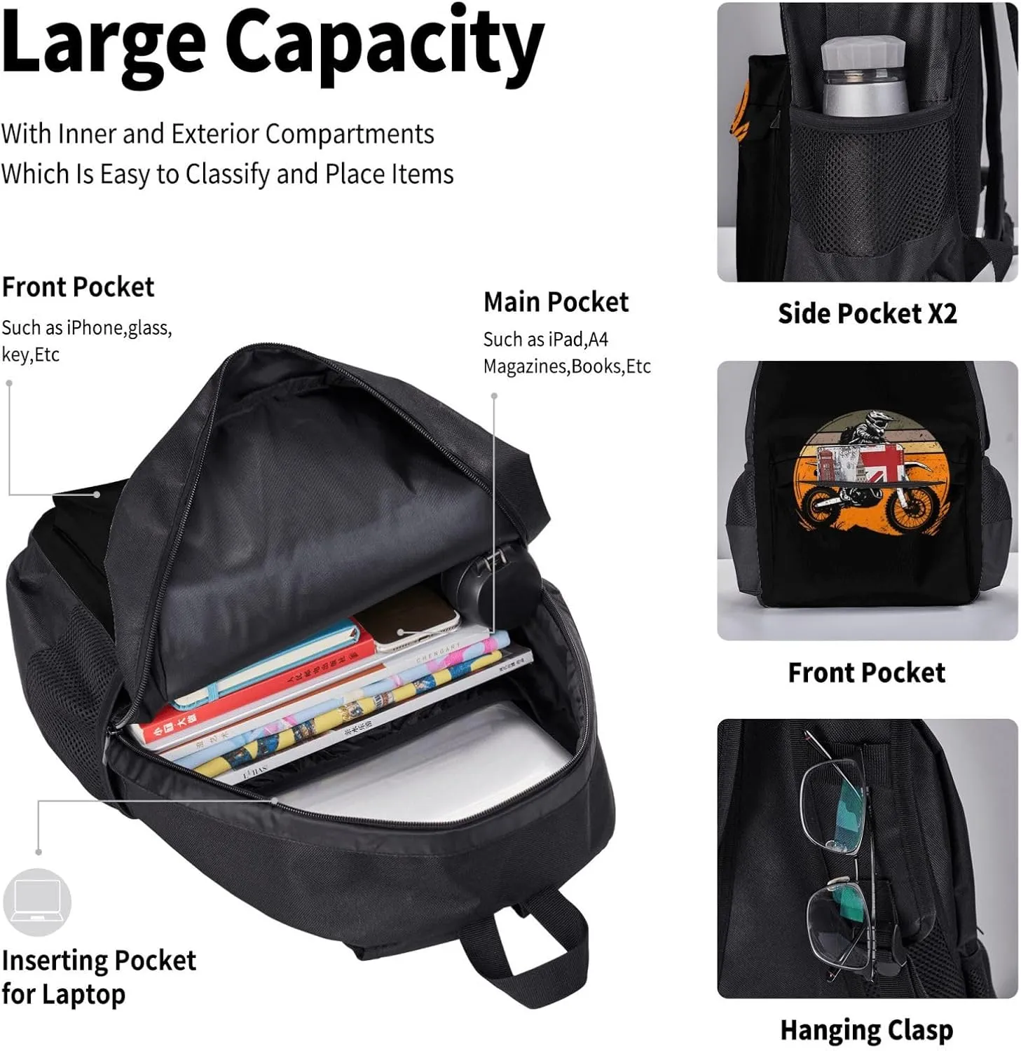 Motocross Adventure Of The Road Motorcycle Multifunctional Pocket Backpack Crossbody Lunch Bag Pencil Case 3Pcs Set Large Capacity Backpack