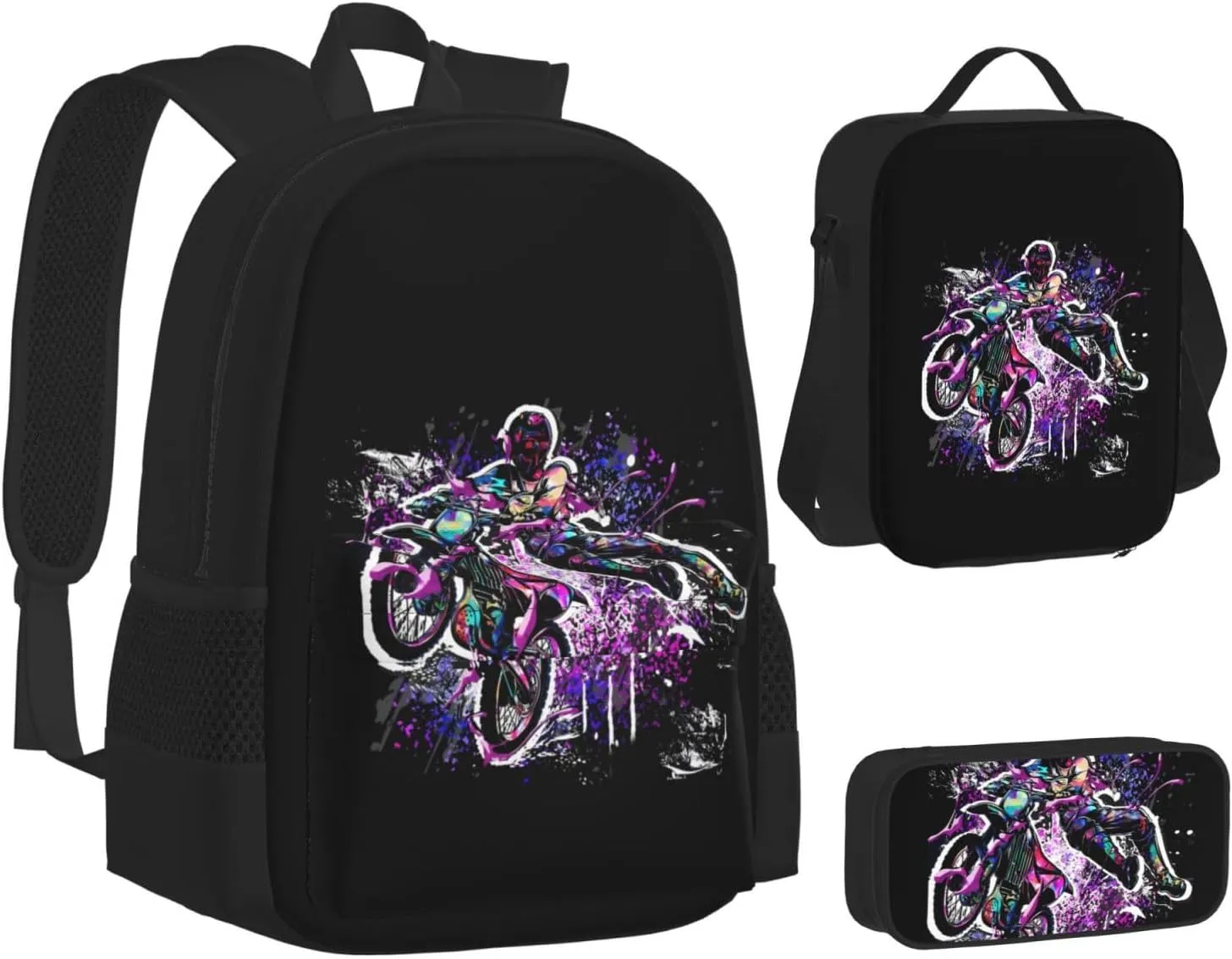 Motocross Dirt Bike Racing Flying Jump Multifunctional Pocket Backpack Crossbody Lunch Bag Pencil Case 3Pcs Set Large Capacity Backpack
