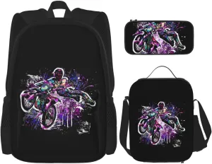 Motocross Dirt Bike Racing Flying Jump Multifunctional Pocket Backpack Crossbody Lunch Bag Pencil Case 3Pcs Set Large Capacity Backpack