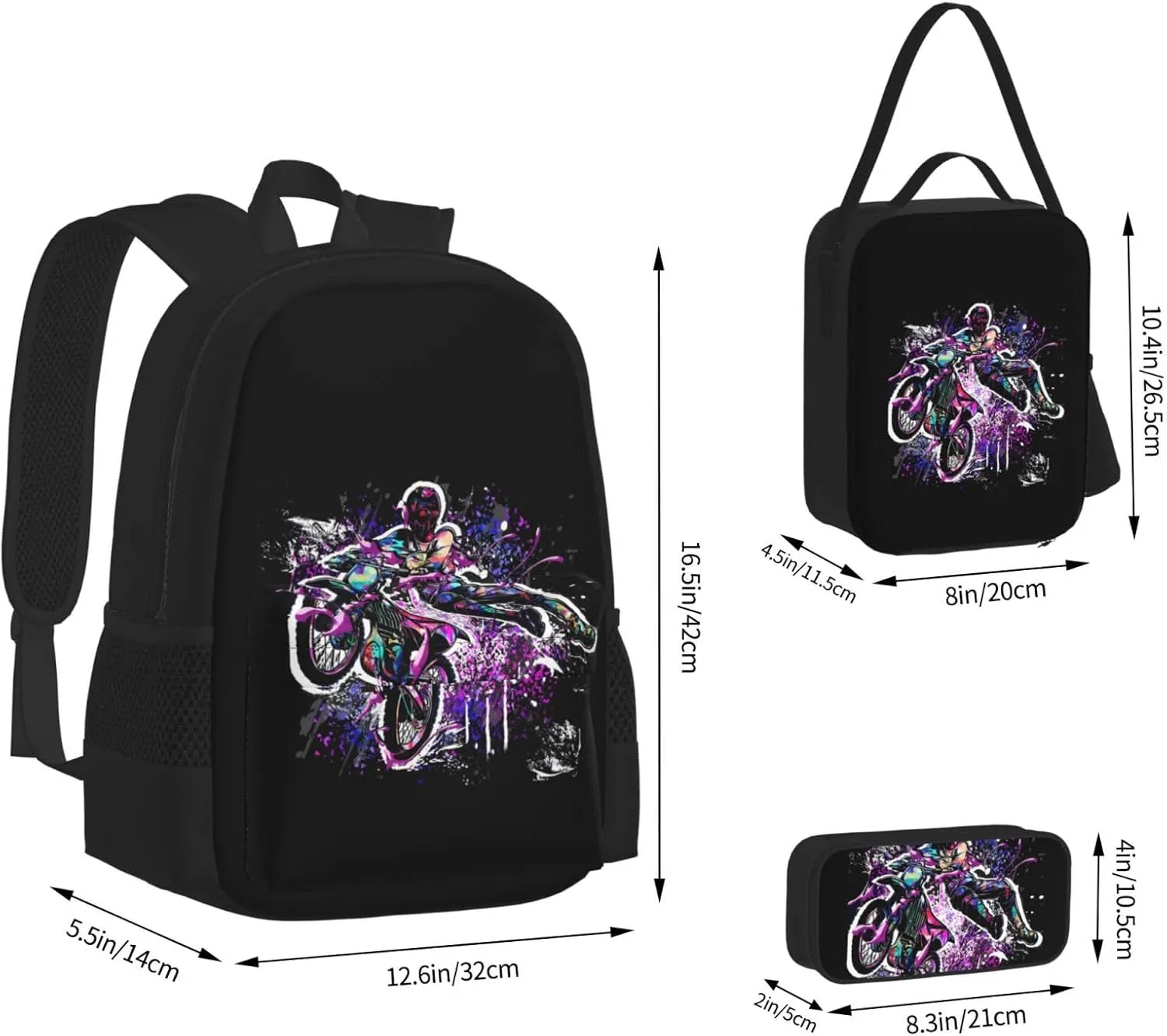 Motocross Dirt Bike Racing Flying Jump Multifunctional Pocket Backpack Crossbody Lunch Bag Pencil Case 3Pcs Set Large Capacity Backpack