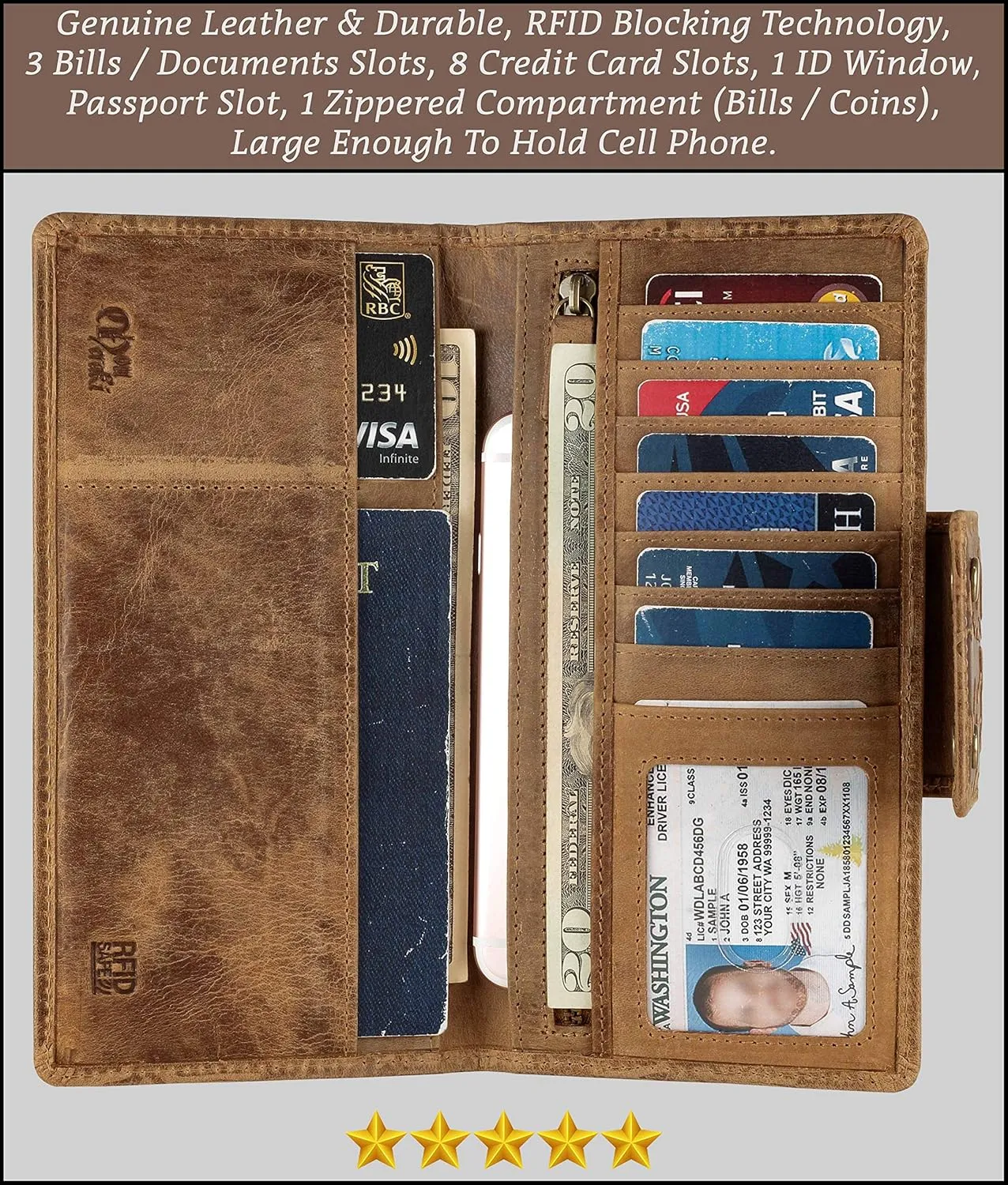 Mou Meraki Genuine Leather RFID Blocking Long Wallet – Vintage Bifold for Men (ANCIENT COGNAC)