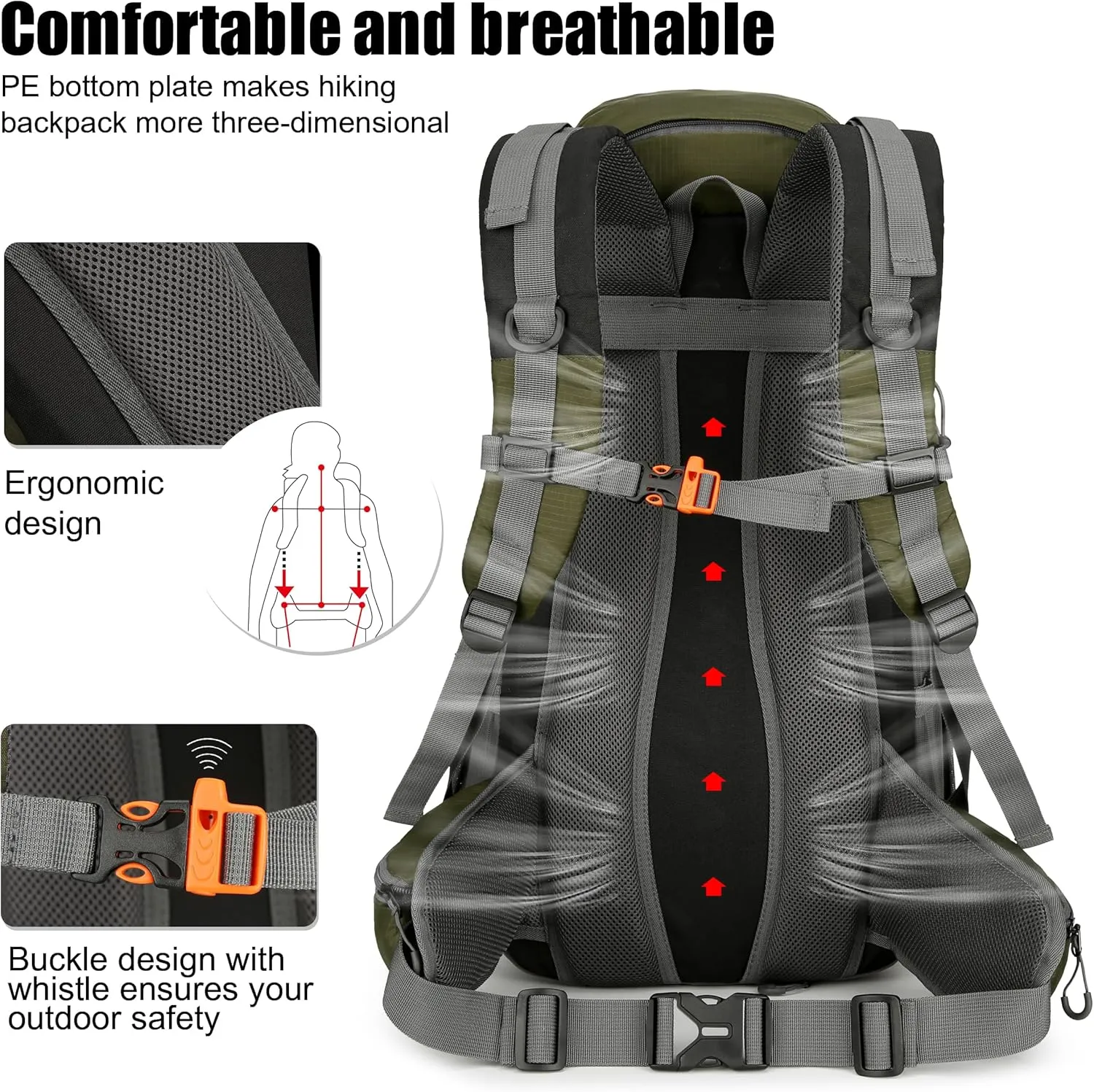 Mountain Land 40L Camping Hiking Backpack with Waterproof Rain Cover Backpacking for Treeking Outdoor Travel Pack Army Green