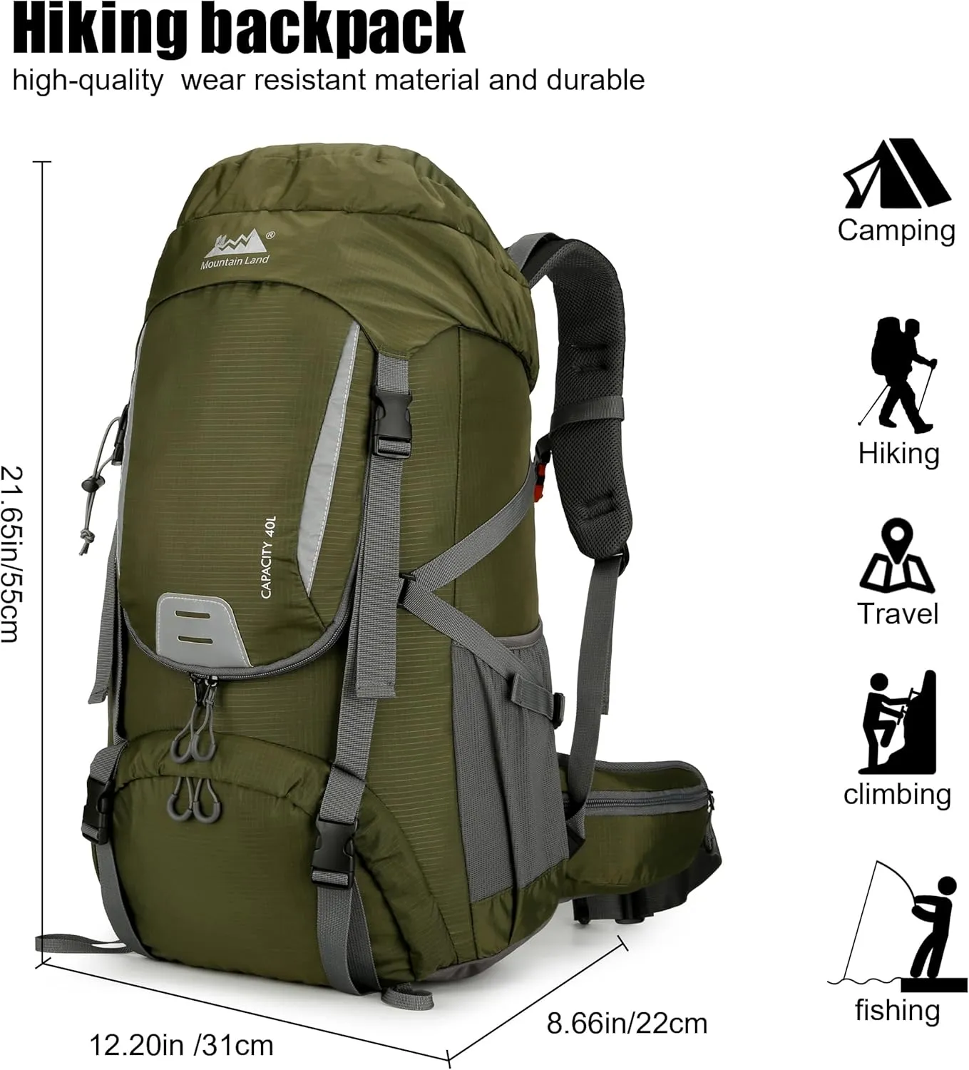 Mountain Land 40L Camping Hiking Backpack with Waterproof Rain Cover Backpacking for Treeking Outdoor Travel Pack Army Green