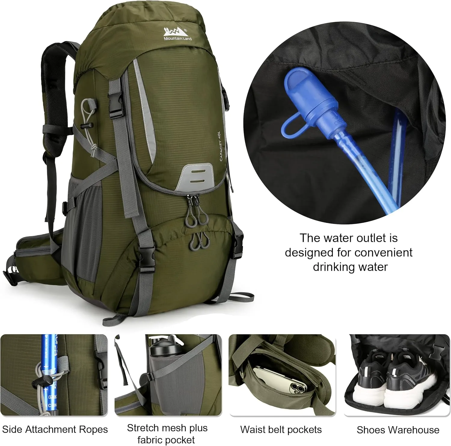 Mountain Land 40L Camping Hiking Backpack with Waterproof Rain Cover Backpacking for Treeking Outdoor Travel Pack Army Green