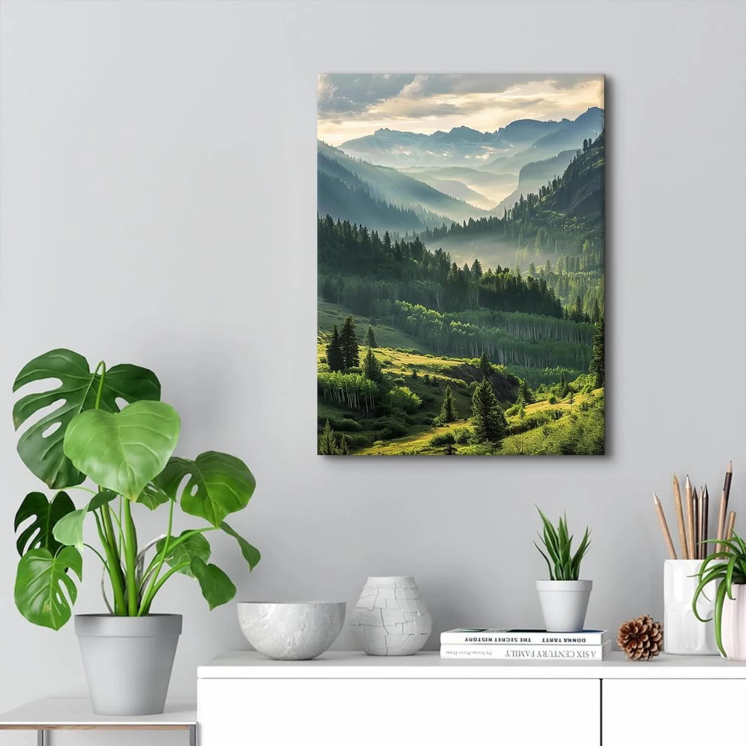 Mountain Wall Art for Living Room Sunrise Forest Wall Art Trees Pictures Wall Decor National Park Posters Green Misty Mountains Landscape Painting Woodland Artwork for Office Home Decorations 12x16"