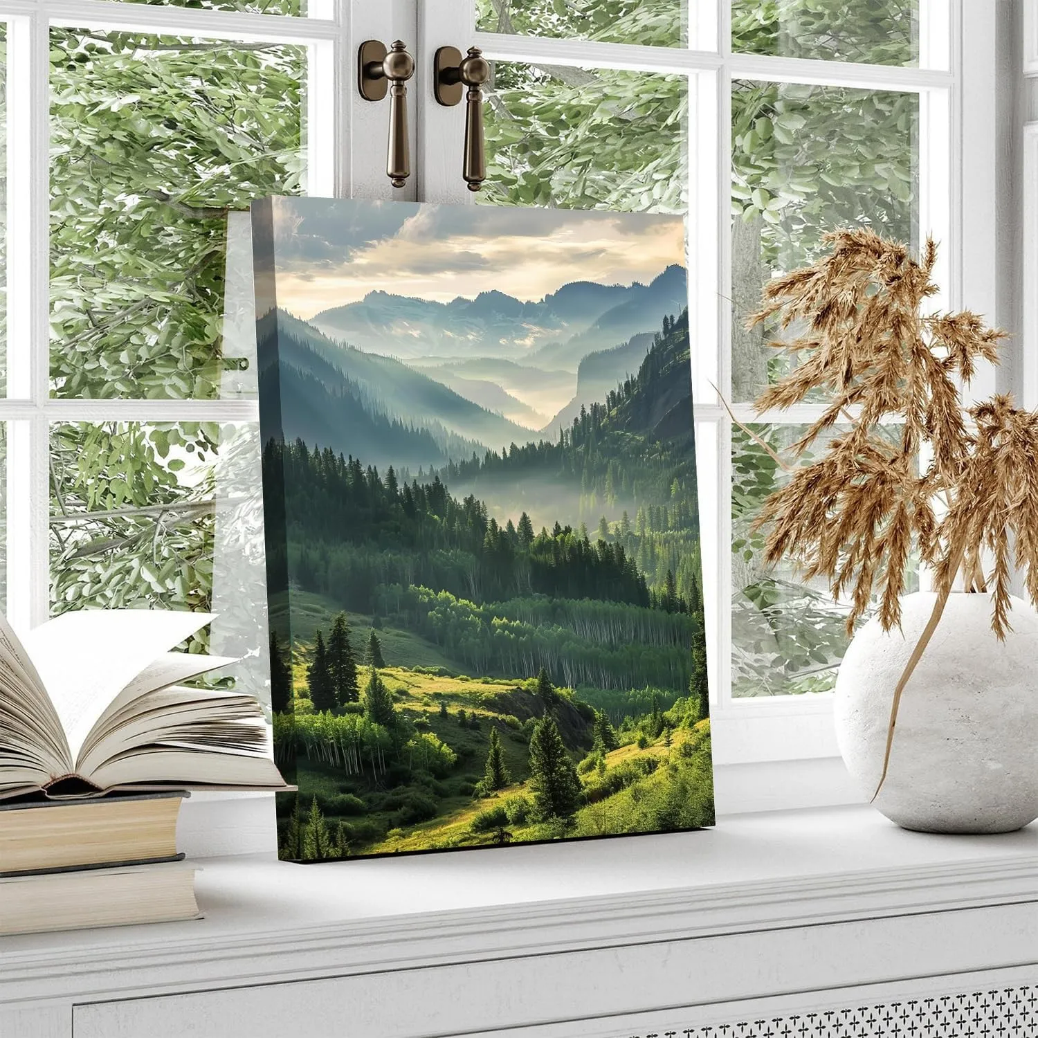 Mountain Wall Art for Living Room Sunrise Forest Wall Art Trees Pictures Wall Decor National Park Posters Green Misty Mountains Landscape Painting Woodland Artwork for Office Home Decorations 12x16"