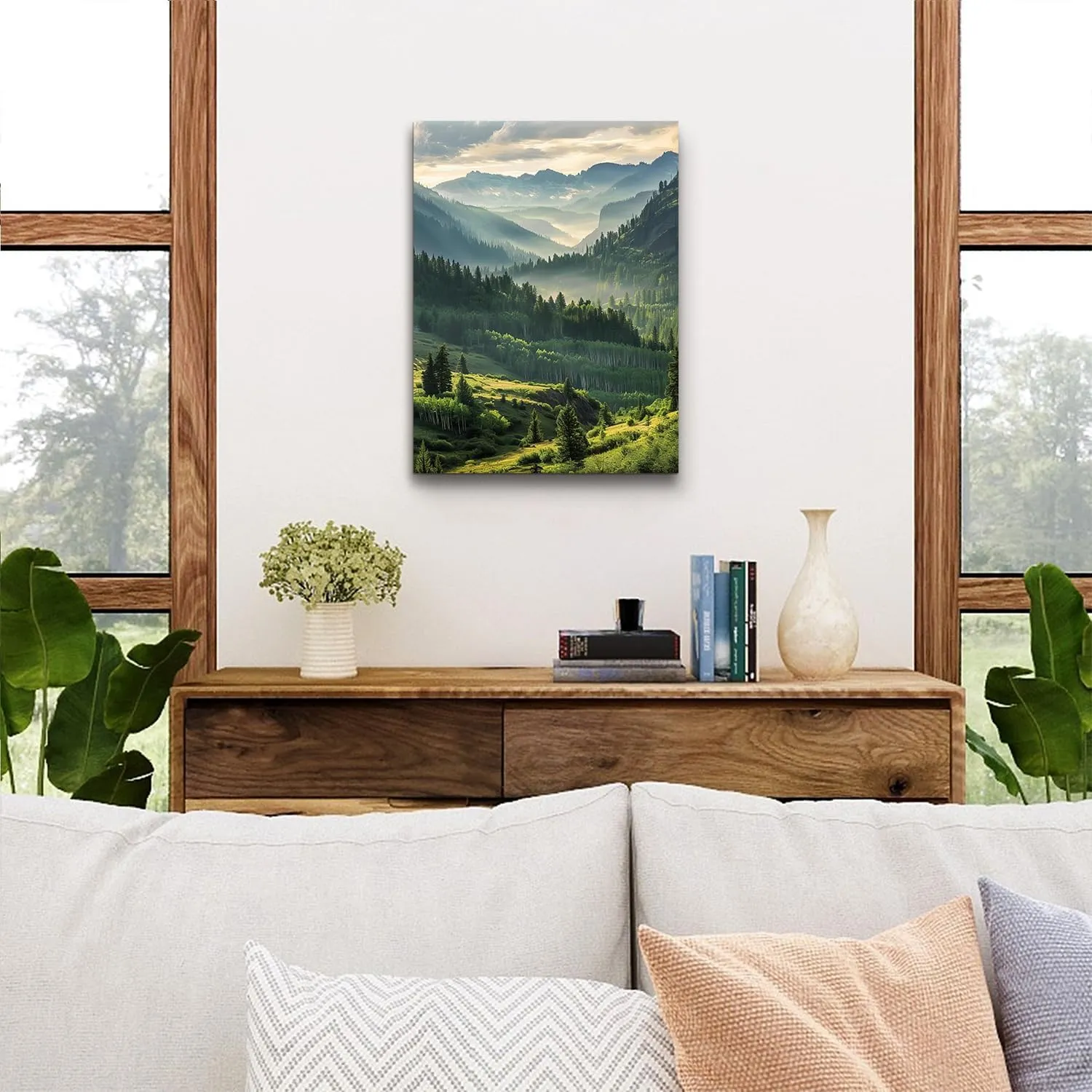 Mountain Wall Art for Living Room Sunrise Forest Wall Art Trees Pictures Wall Decor National Park Posters Green Misty Mountains Landscape Painting Woodland Artwork for Office Home Decorations 12x16"