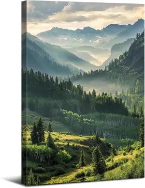 Mountain Wall Art for Living Room Sunrise Forest Wall Art Trees Pictures Wall Decor National Park Posters Green Misty Mountains Landscape Painting Woodland Artwork for Office Home Decorations 12x16"