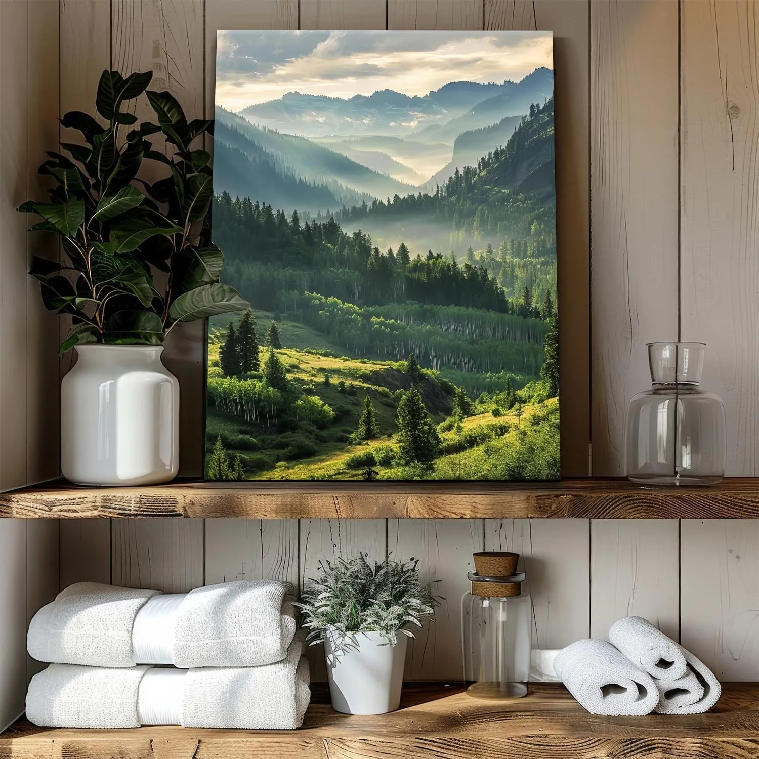 Mountain Wall Art for Living Room Sunrise Forest Wall Art Trees Pictures Wall Decor National Park Posters Green Misty Mountains Landscape Painting Woodland Artwork for Office Home Decorations 12x16"