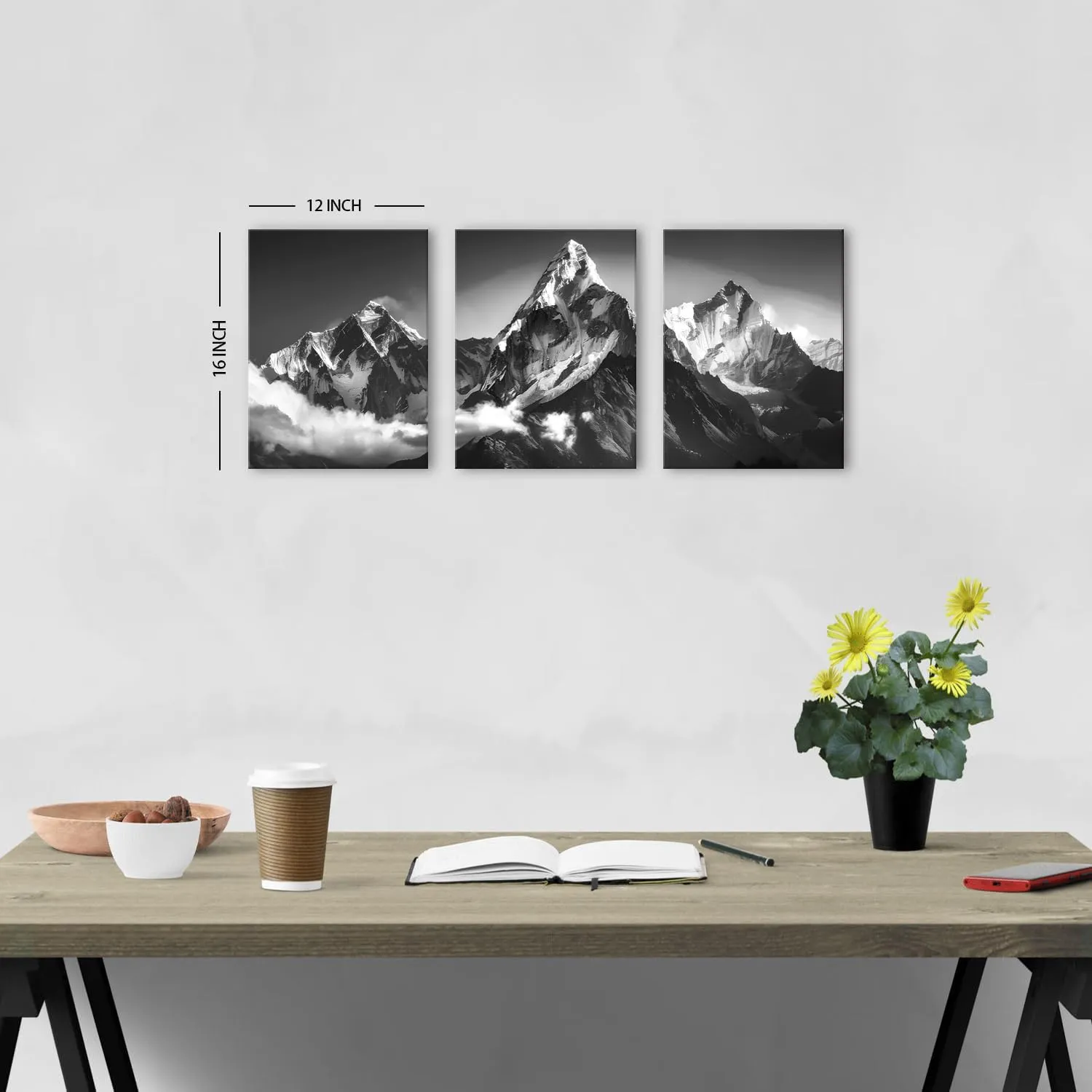 Mountain Wall Decor Black and White Wall Art for Living Room Snow Mountain Pictures Wall Decor Nature Landscape Canvas Photo Prints Minimalism Scenery Painting for Bedroom Home Decorations 12x16" 3Pcs
