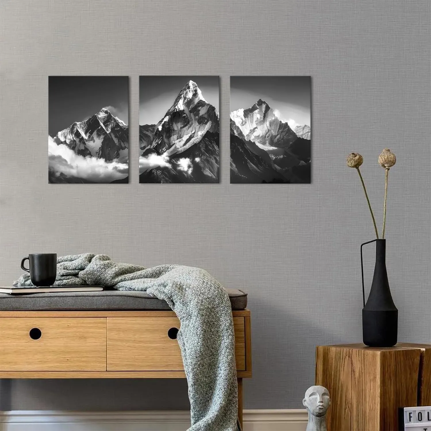 Mountain Wall Decor Black and White Wall Art for Living Room Snow Mountain Pictures Wall Decor Nature Landscape Canvas Photo Prints Minimalism Scenery Painting for Bedroom Home Decorations 12x16" 3Pcs