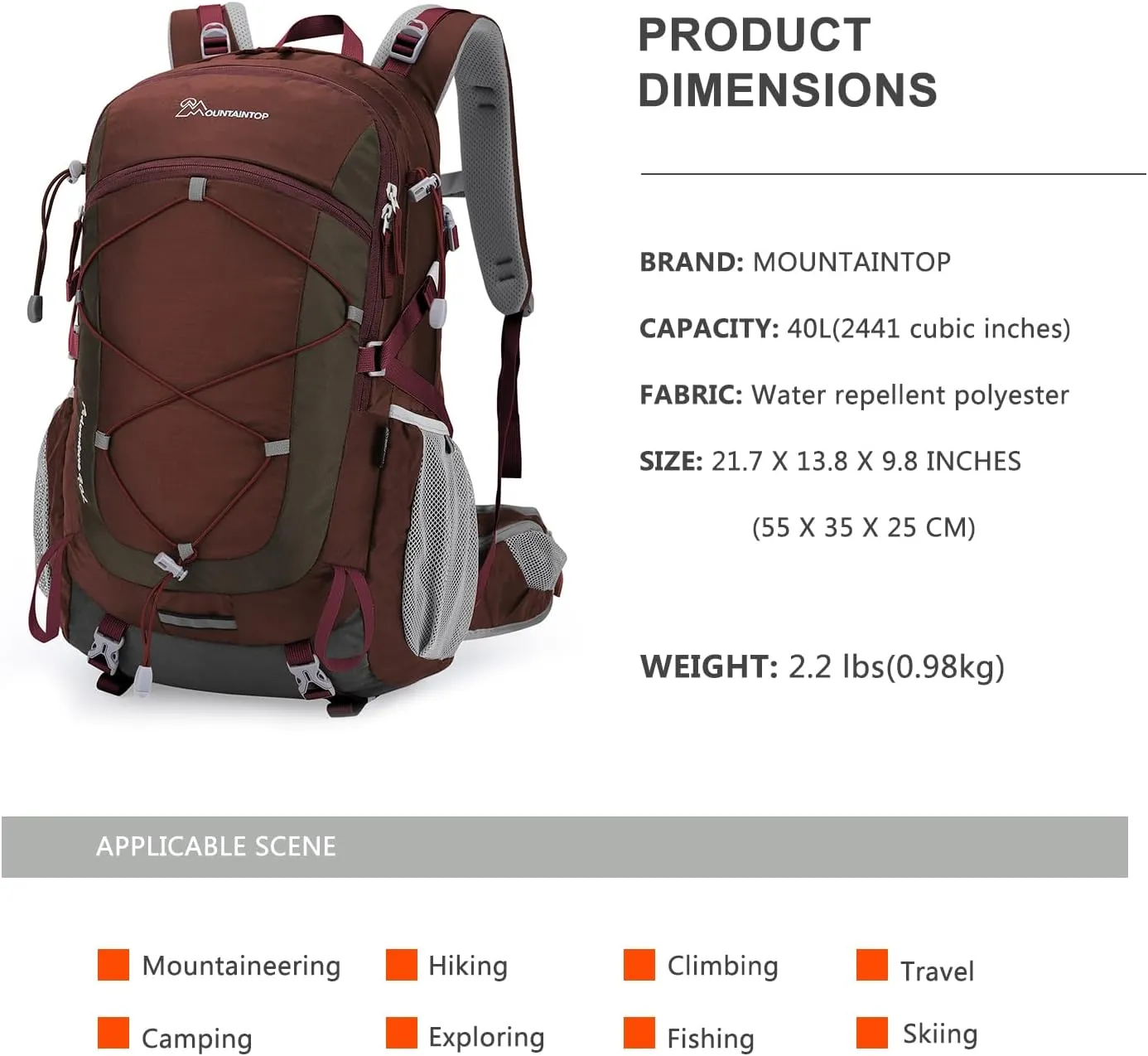 MOUNTAINTOP 40L Hiking Backpack,Lightweight Travel Backpack for Men Women Outdoor Backpacking, Camping
