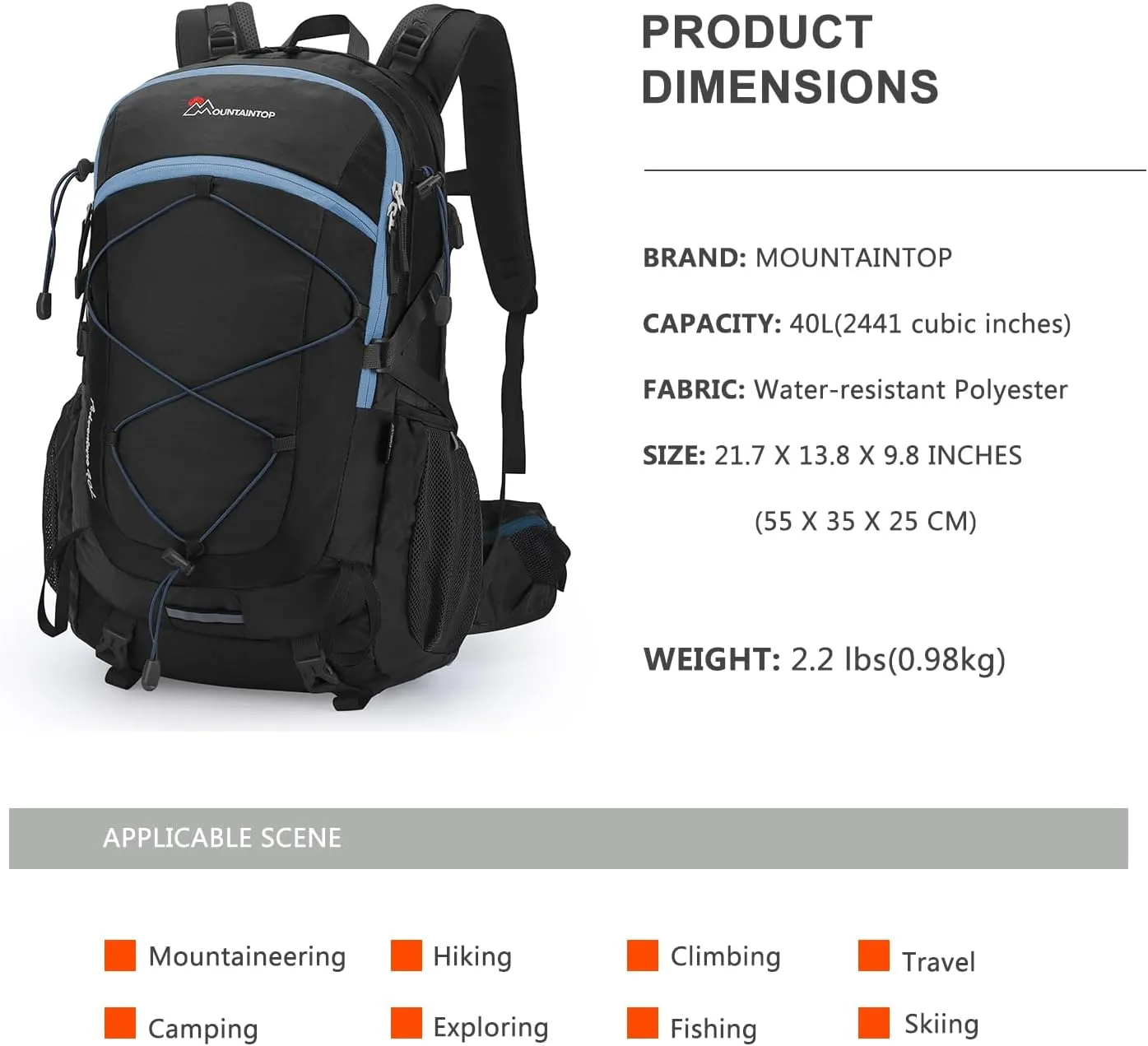 MOUNTAINTOP 40L Hiking Backpack,Lightweight Travel Backpack for Men Women Outdoor Backpacking, Camping