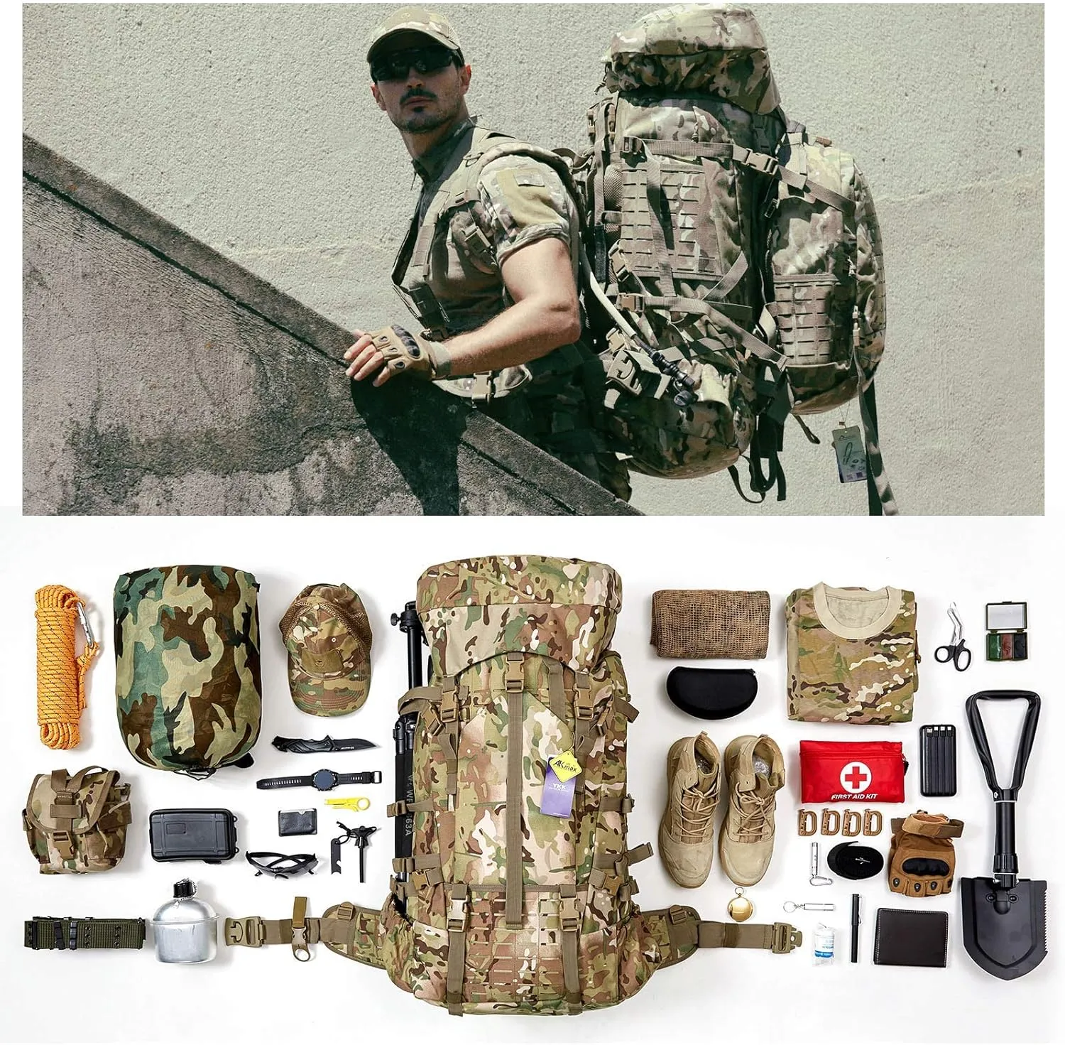 MT Military Army Large Rucksack with Detacheable Assault Backpack Hydration Pack Shoulder Straps and Waist Belt Metal Frame