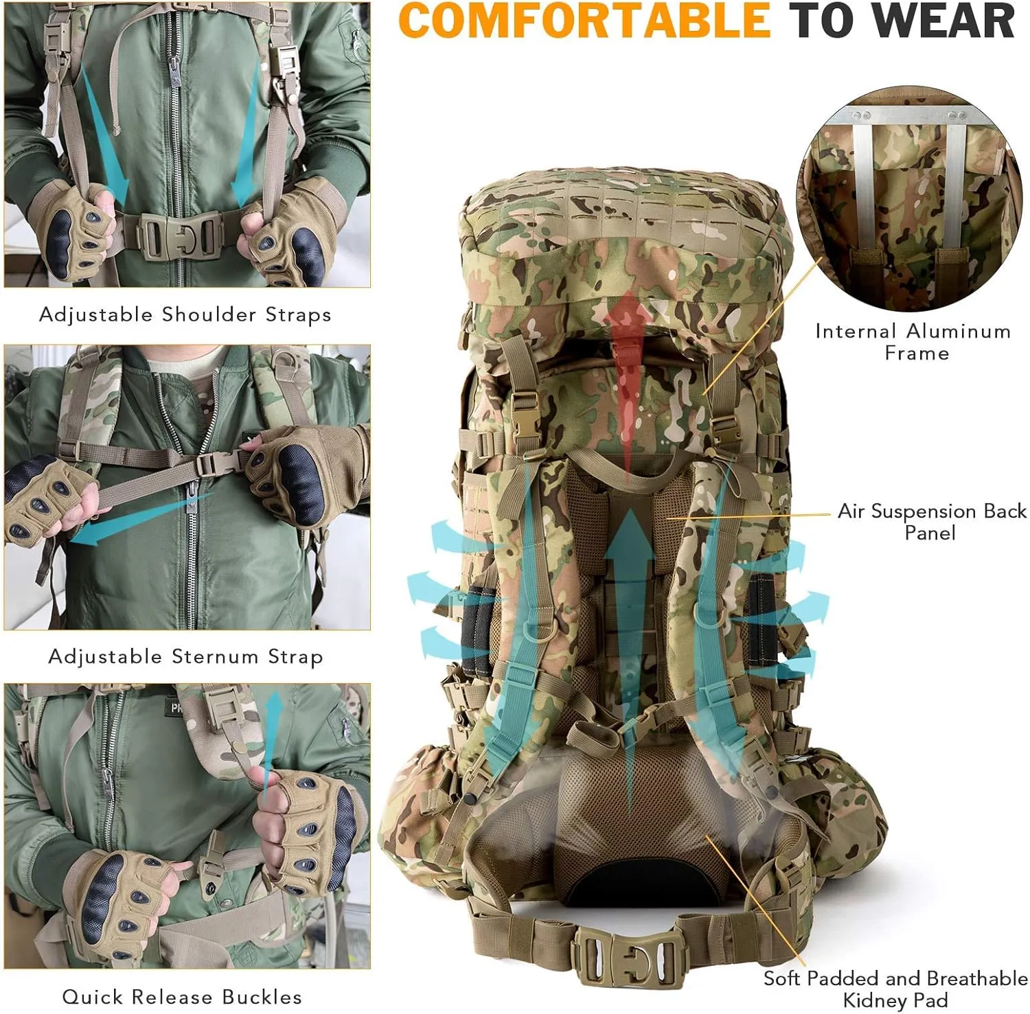 MT Military Army Large Rucksack with Detacheable Assault Backpack Hydration Pack Shoulder Straps and Waist Belt Metal Frame