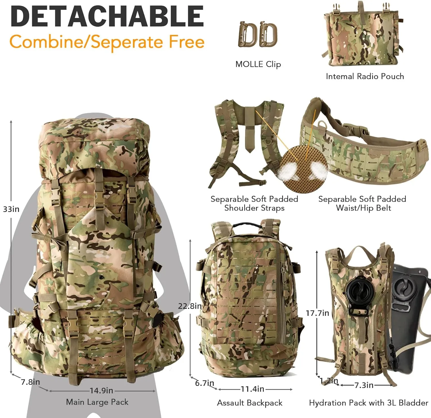 MT Military Army Large Rucksack with Detacheable Assault Backpack Hydration Pack Shoulder Straps and Waist Belt Metal Frame