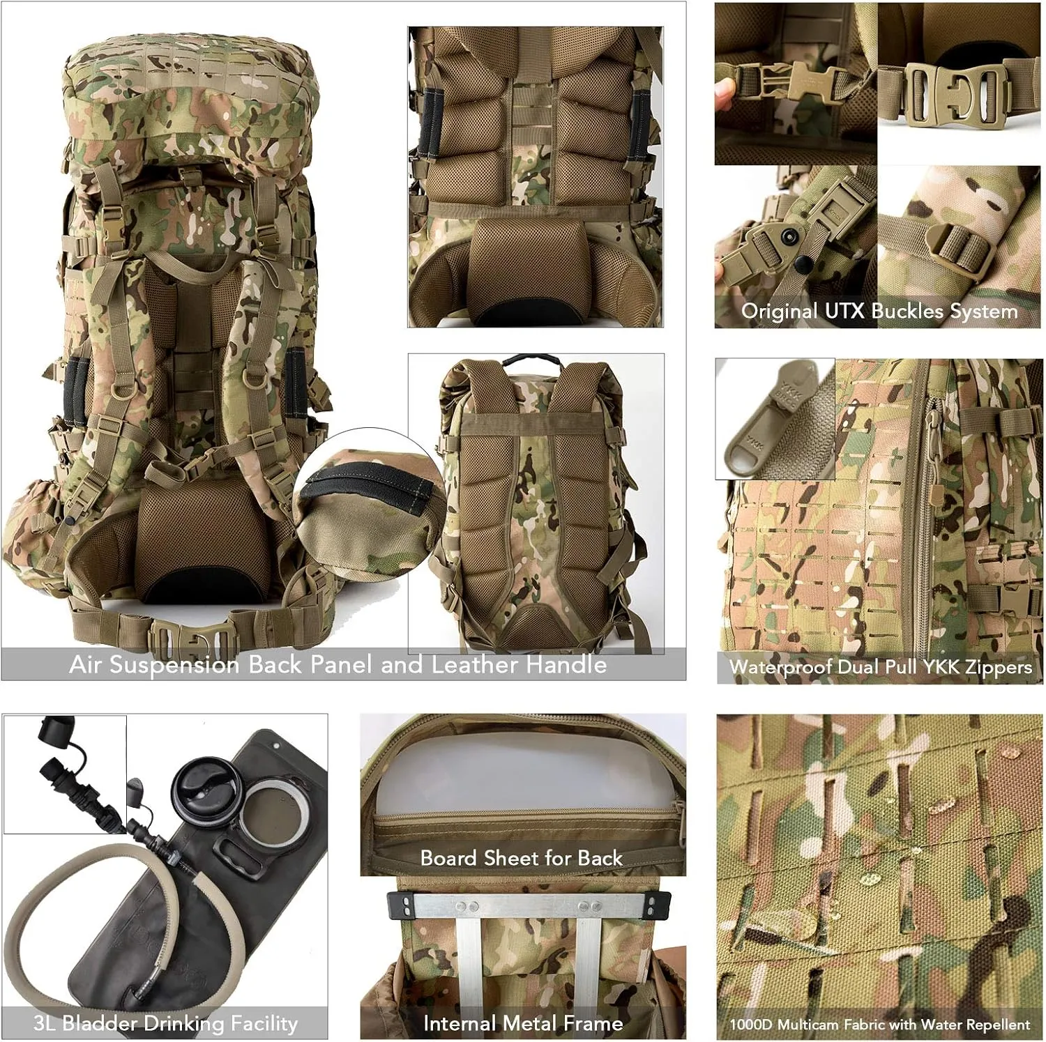 MT Military Army Large Rucksack with Detacheable Assault Backpack Hydration Pack Shoulder Straps and Waist Belt Metal Frame