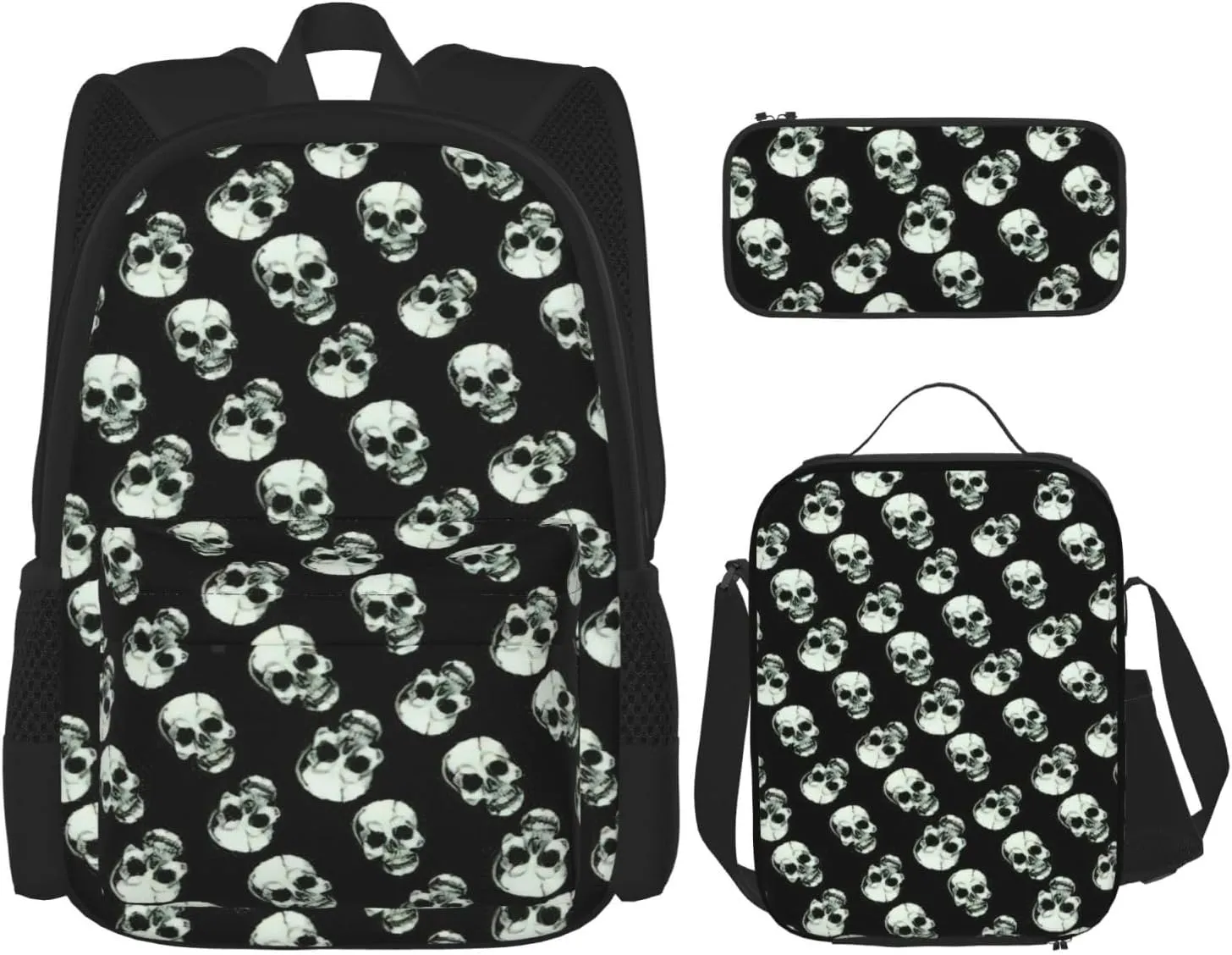 Multi Functional Black Skull Print Backpack Set With Lunch Bag And Pencil Case,Leisure,Fashion