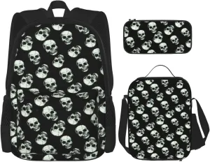 Multi Functional Black Skull Print Backpack Set With Lunch Bag And Pencil Case,Leisure,Fashion