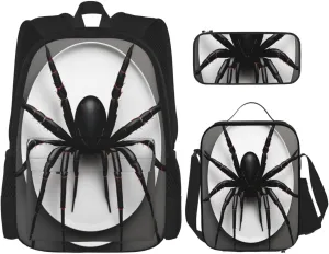 Multi Functional Black Spider Print Backpack Set With Lunch Bag And Pencil Case,Leisure,Fashion