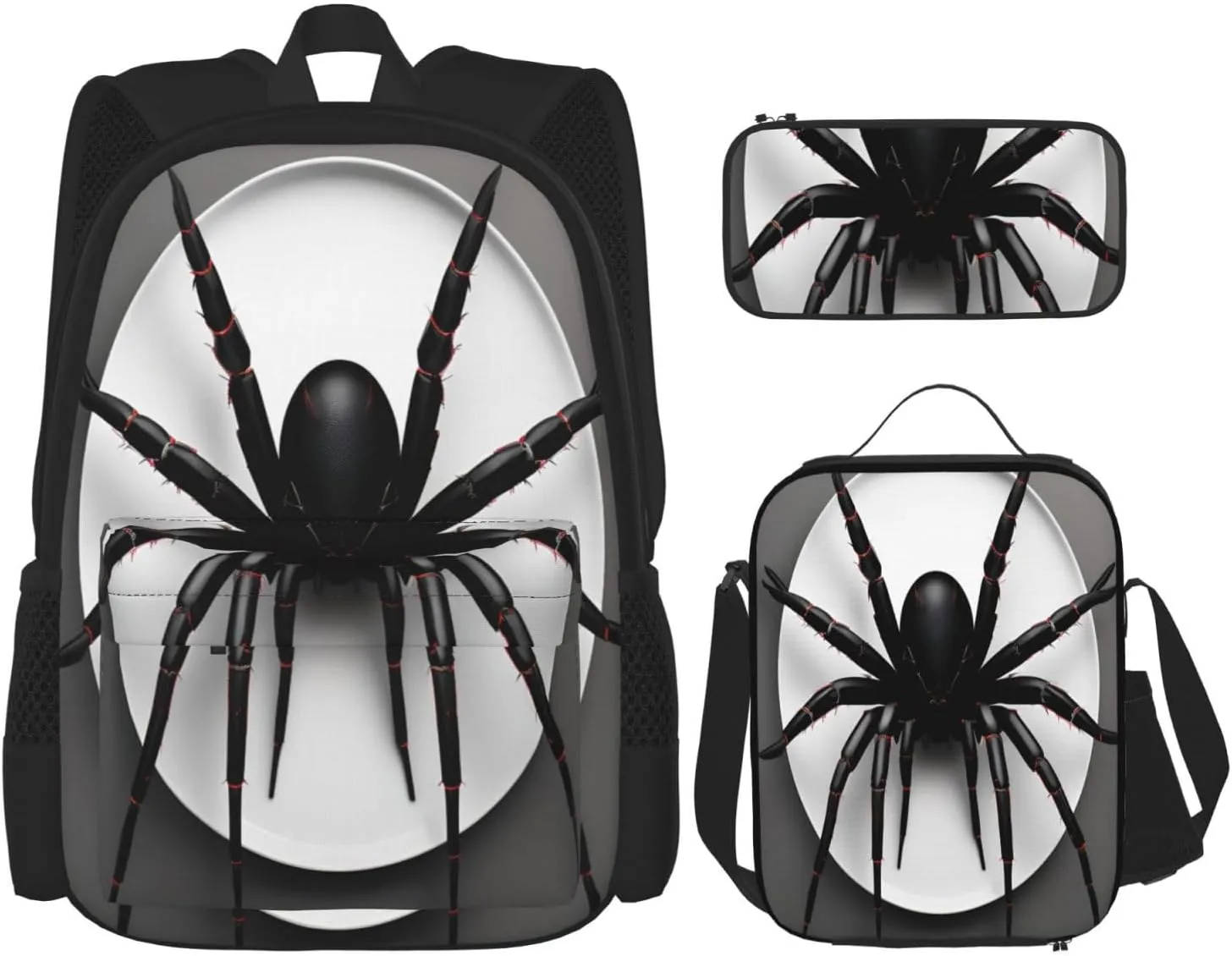 Multi Functional Black Spider Print Backpack Set With Lunch Bag And Pencil Case,Leisure,Fashion